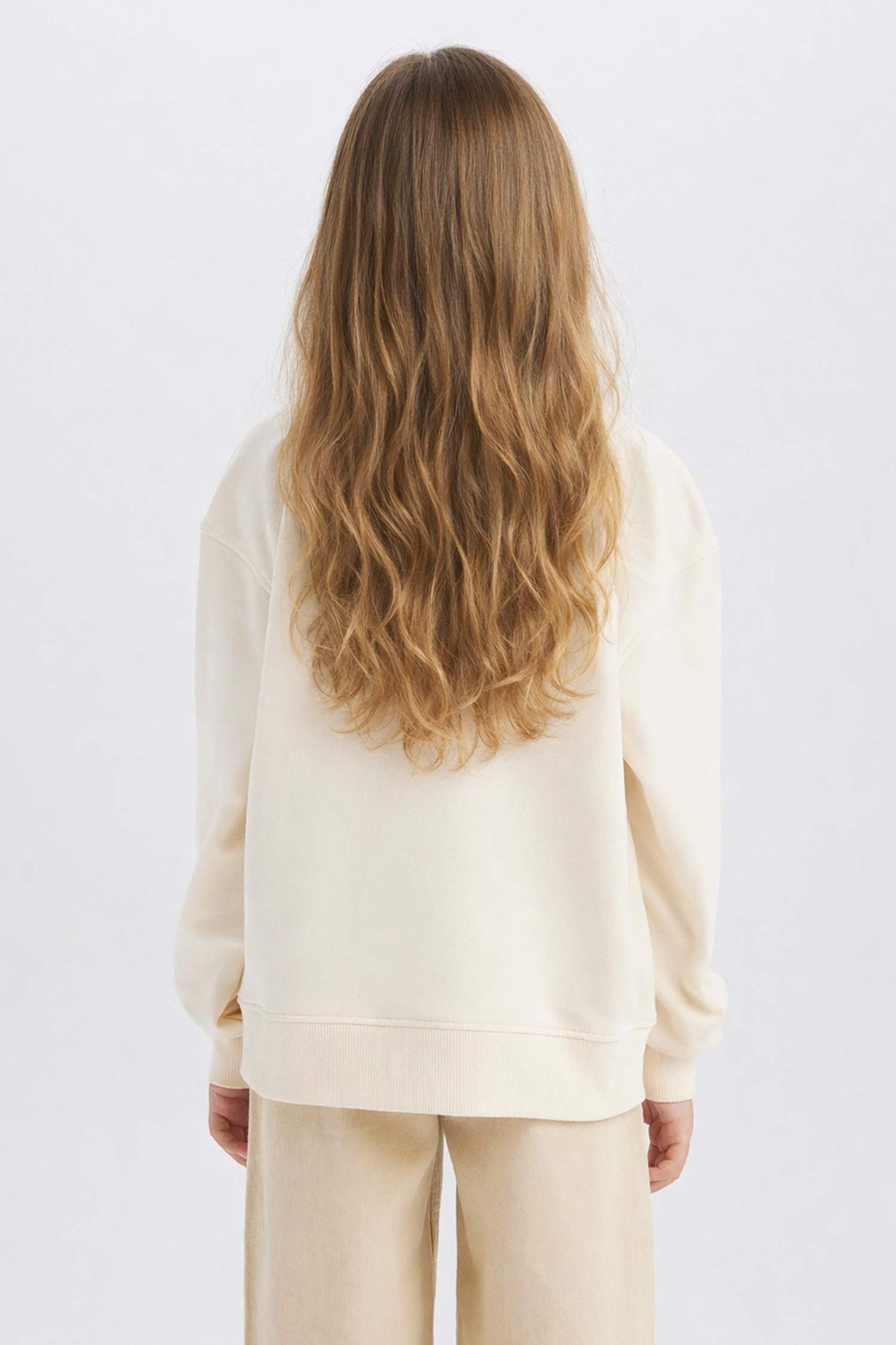 Kız Çocuk Relax Fit Bisiklet Yaka Baskılı Okul Sweatshirt