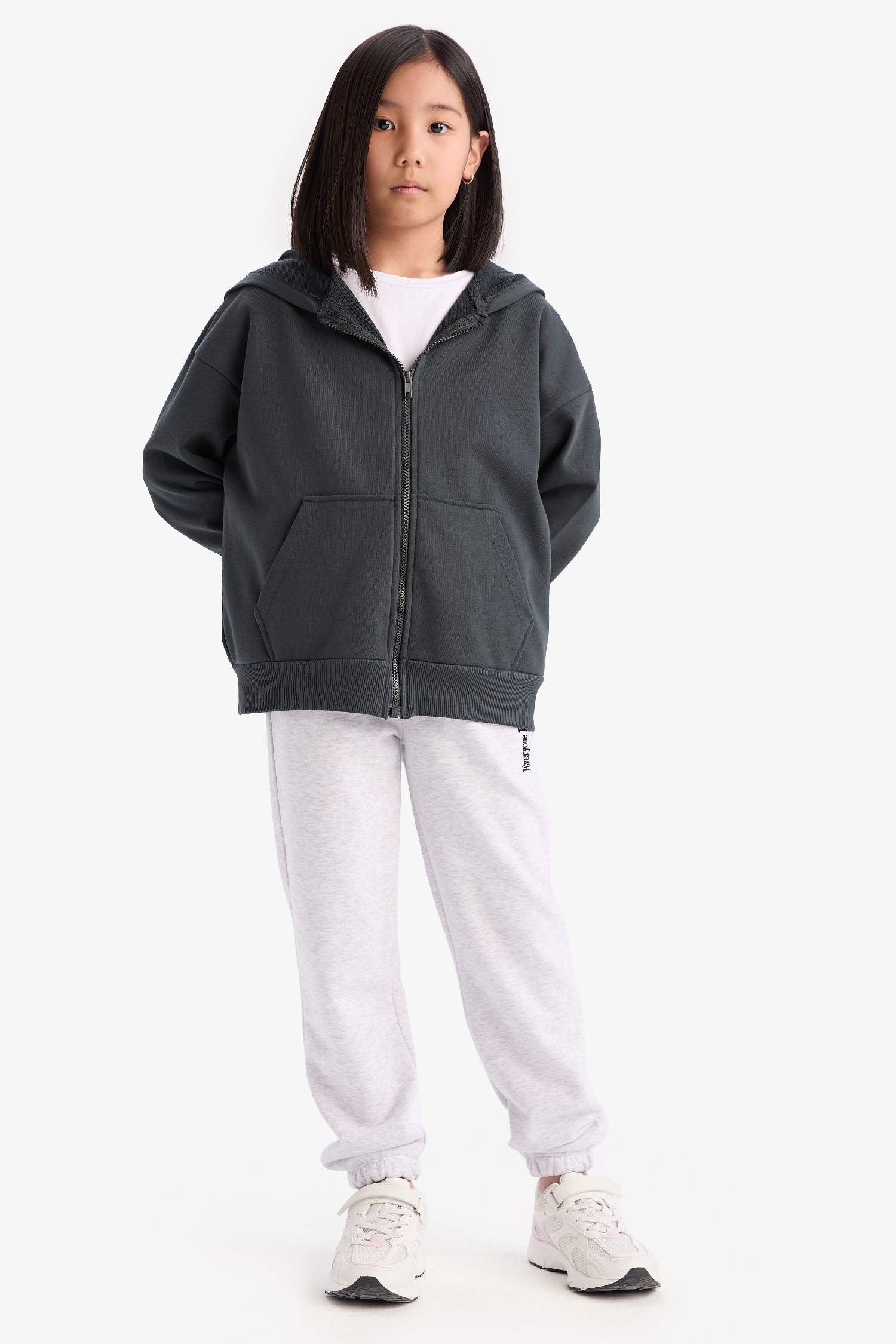 Girl Hooded Basic Pocket Zippered Sweatshirt