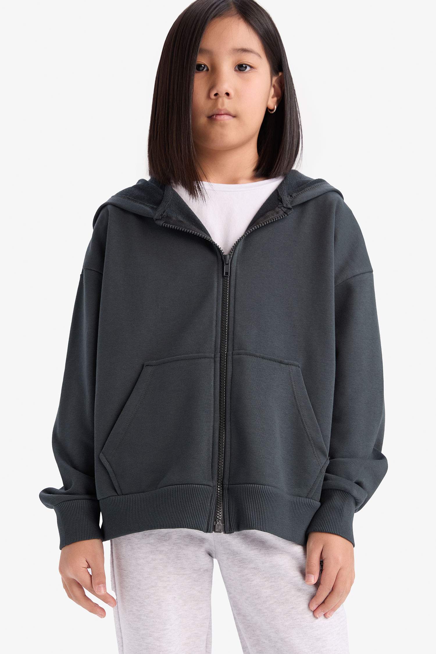 Girl Hooded Basic Pocket Zippered Sweatshirt