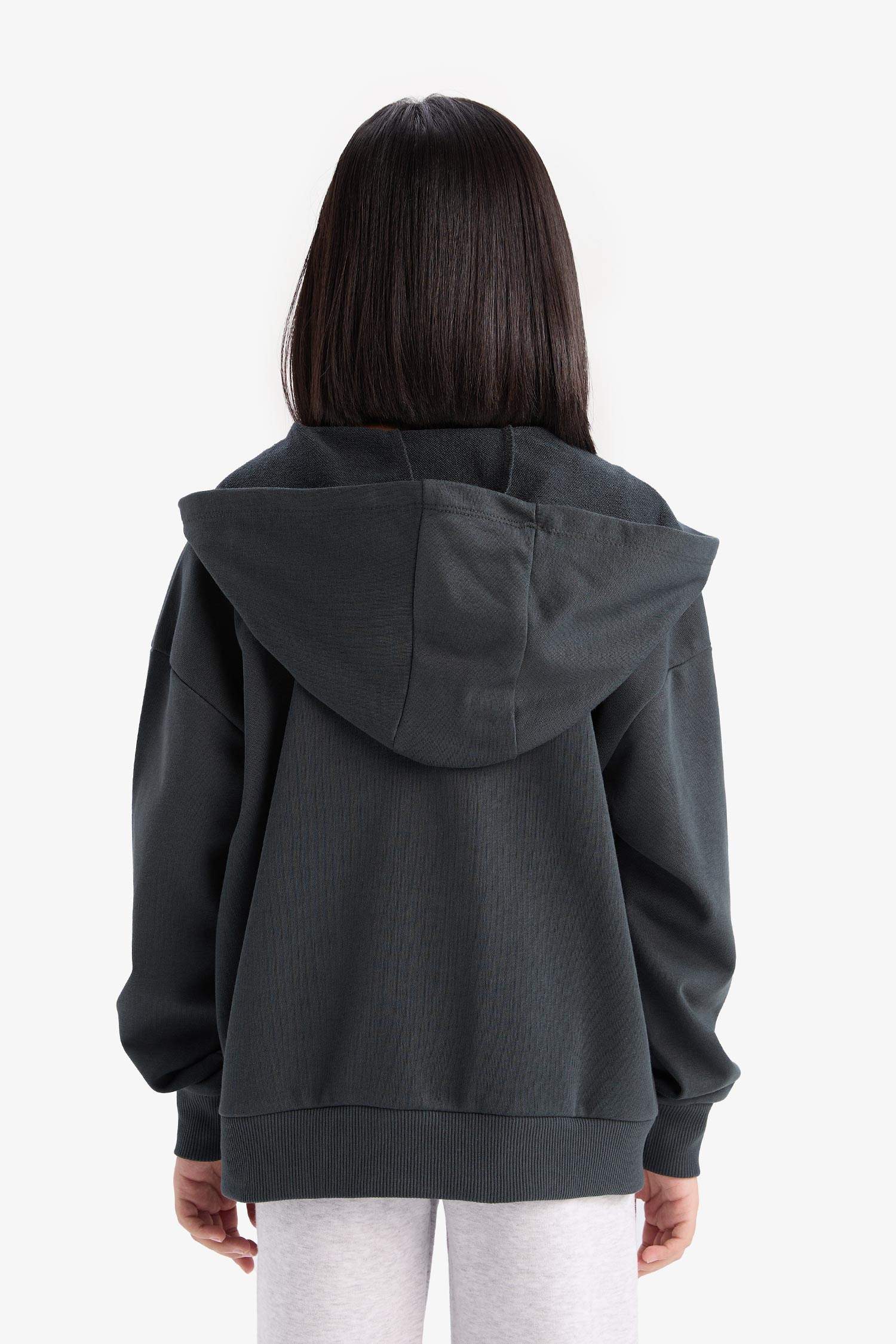 Girl Hooded Basic Pocket Zippered Sweatshirt