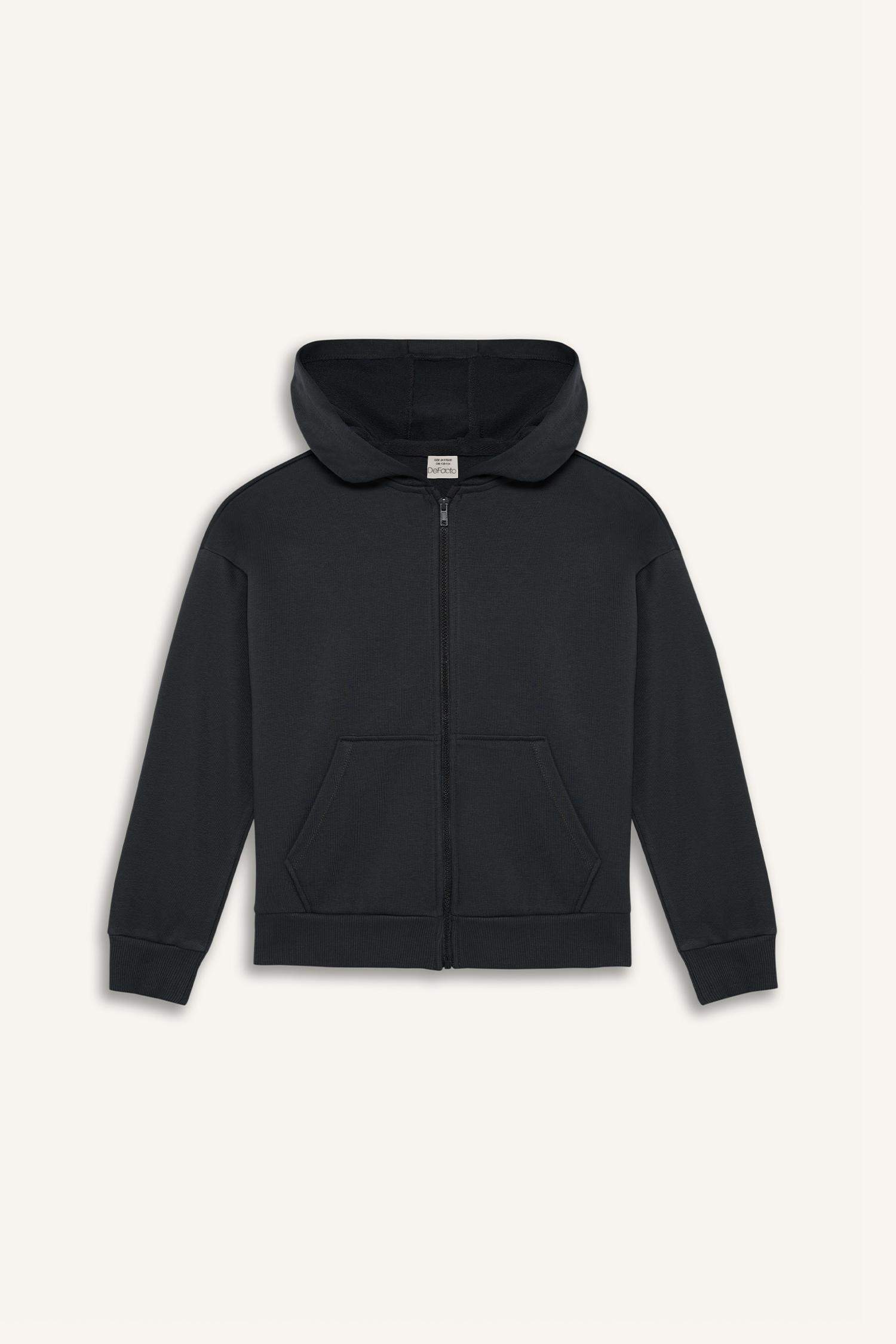 Girl Hooded Basic Pocket Zippered Sweatshirt