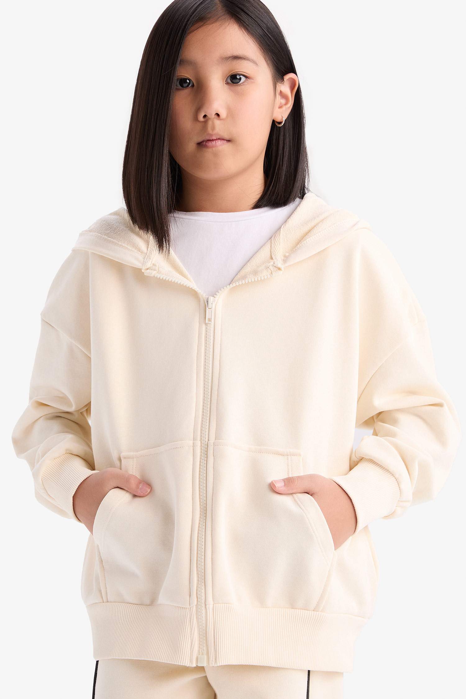 Kız Çocuk Kapüşonlu Basic Düz Cepli Okul Fermuarlı Sweatshirt