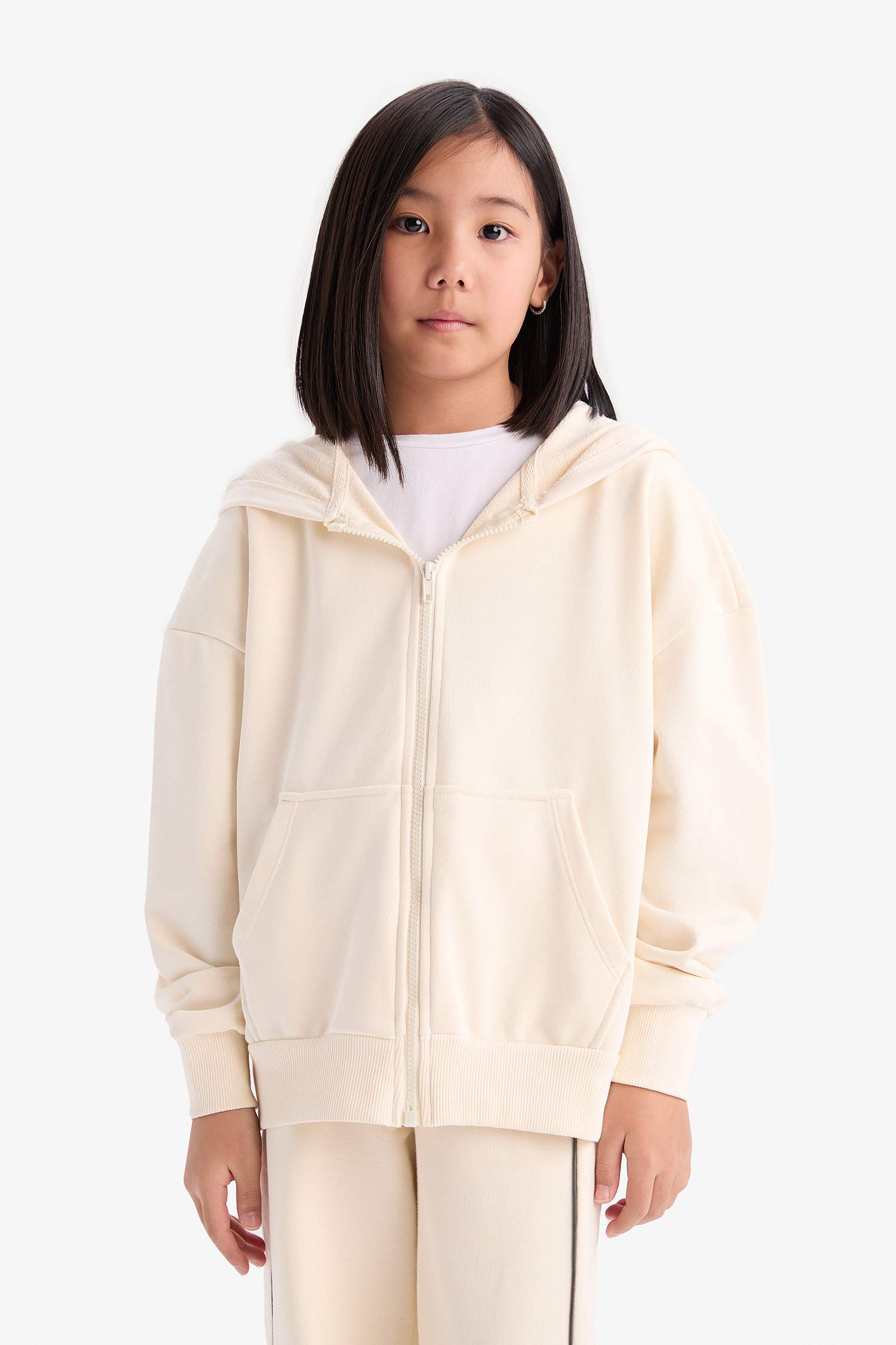 Kız Çocuk Kapüşonlu Basic Düz Cepli Okul Fermuarlı Sweatshirt