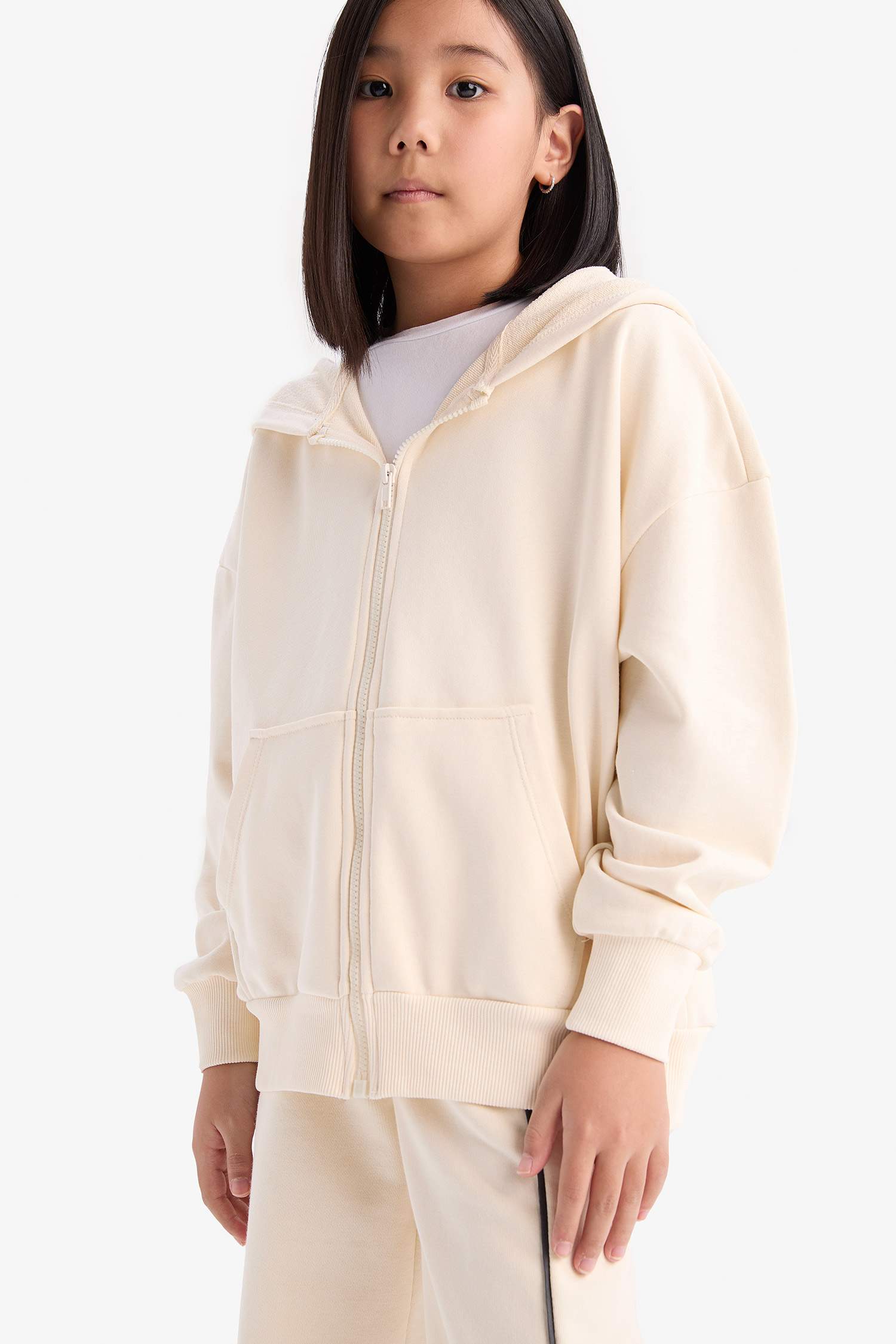 Kız Çocuk Kapüşonlu Basic Düz Cepli Okul Fermuarlı Sweatshirt