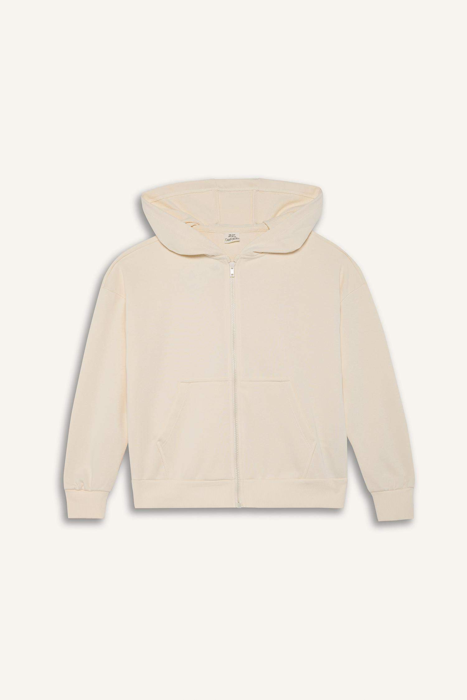 Kız Çocuk Kapüşonlu Basic Düz Cepli Okul Fermuarlı Sweatshirt