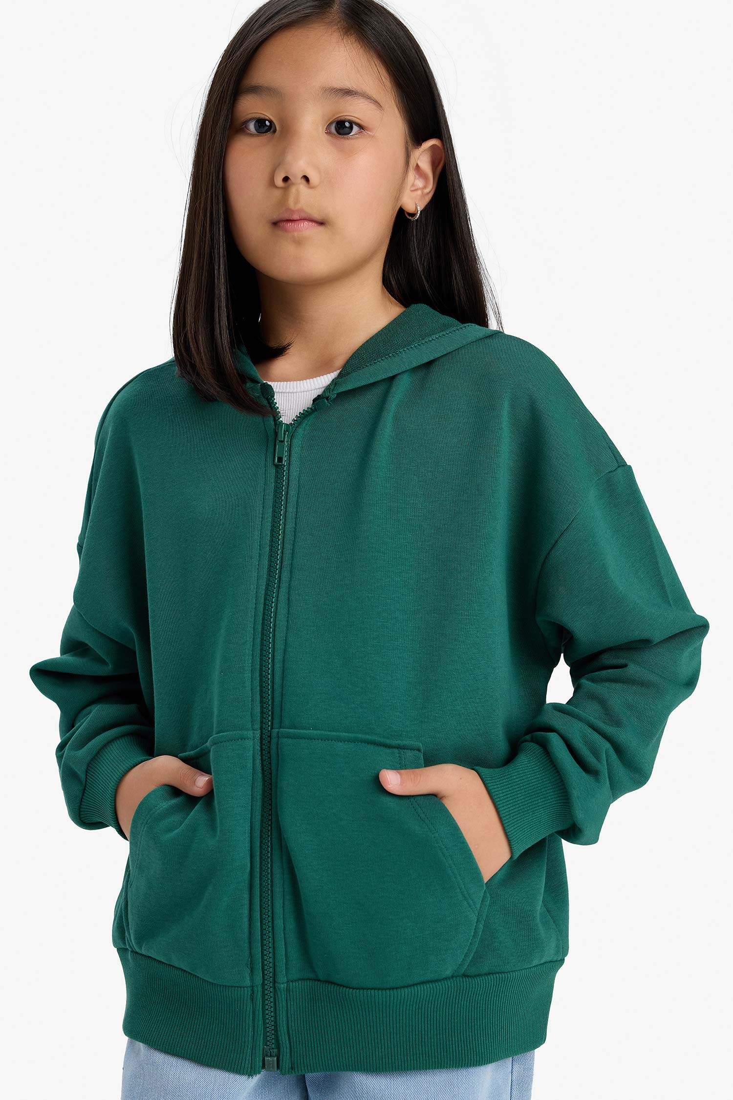 Kız Çocuk Kapüşonlu Basic Düz Cepli Okul Fermuarlı Sweatshirt