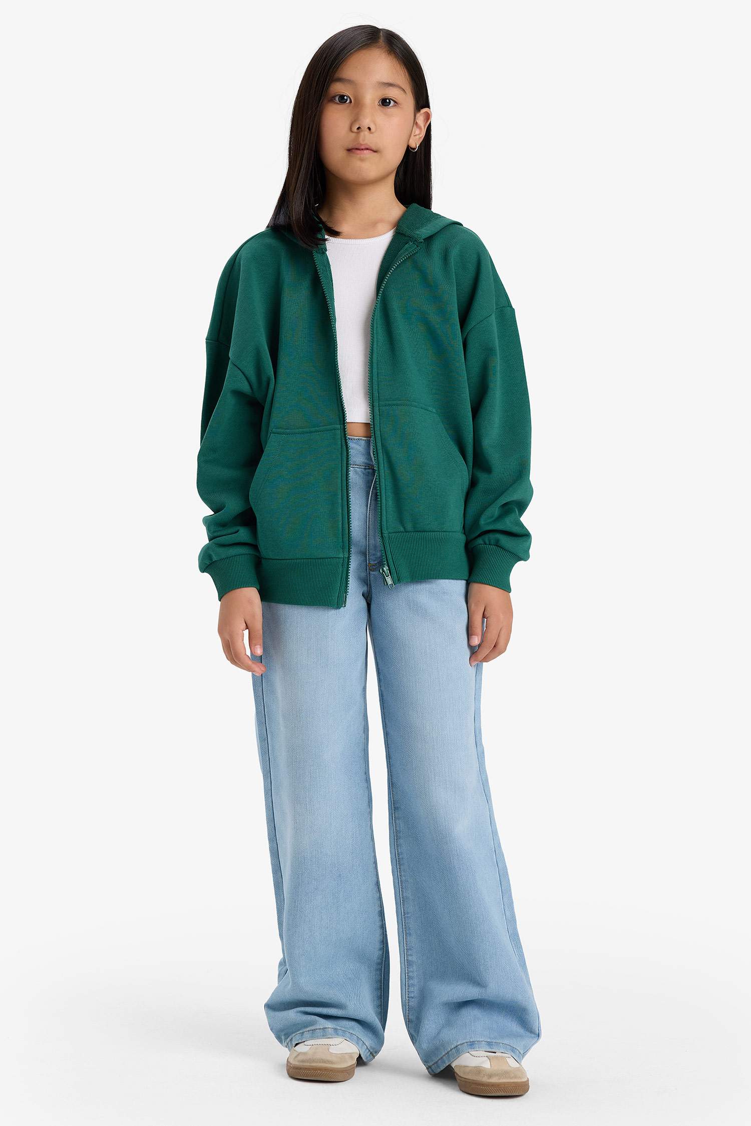 Kız Çocuk Kapüşonlu Basic Düz Cepli Okul Fermuarlı Sweatshirt