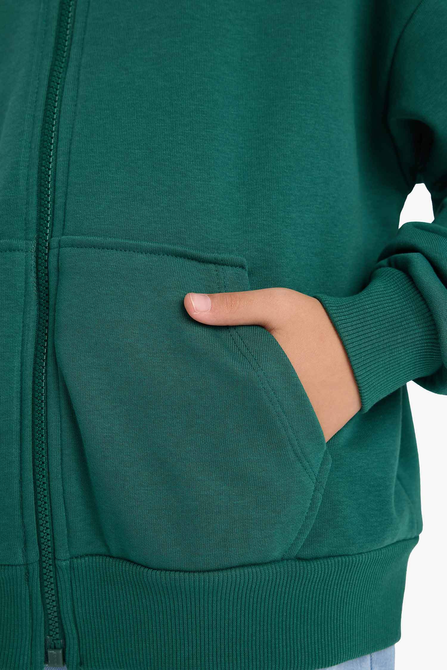 Kız Çocuk Kapüşonlu Basic Düz Cepli Okul Fermuarlı Sweatshirt