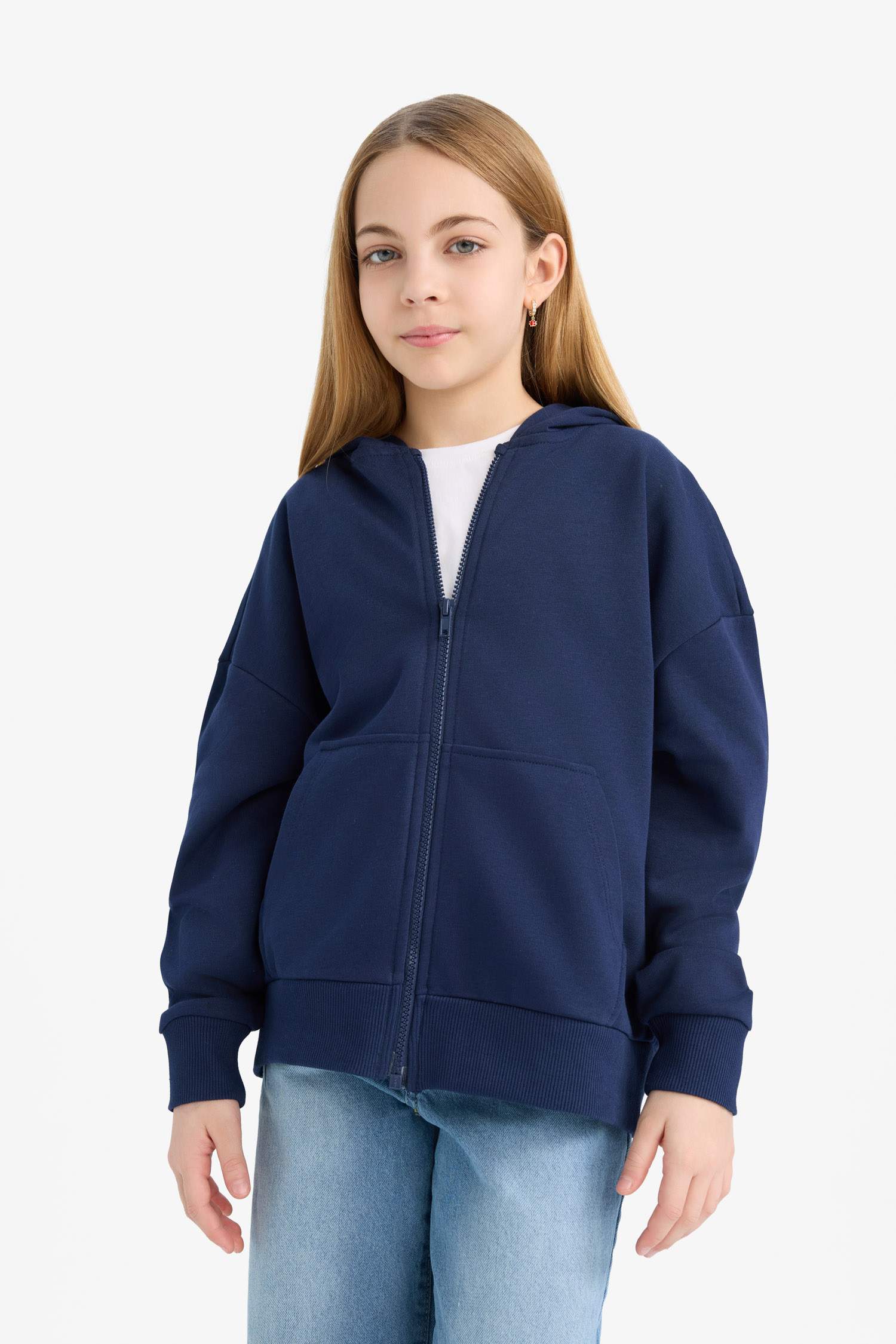 Kız Çocuk Kapüşonlu Basic Düz Cepli Okul Fermuarlı Sweatshirt