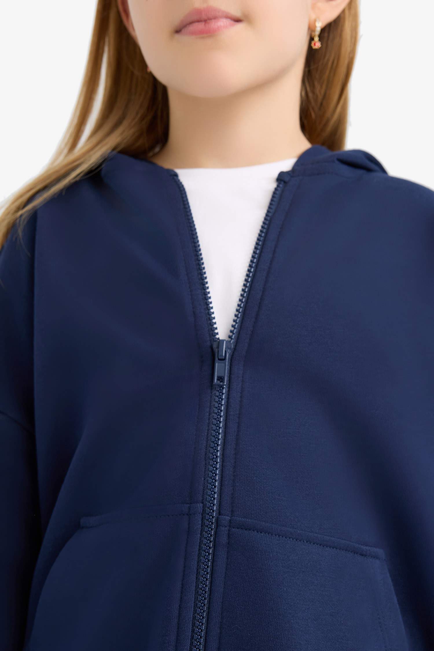 Kız Çocuk Kapüşonlu Basic Düz Cepli Okul Fermuarlı Sweatshirt