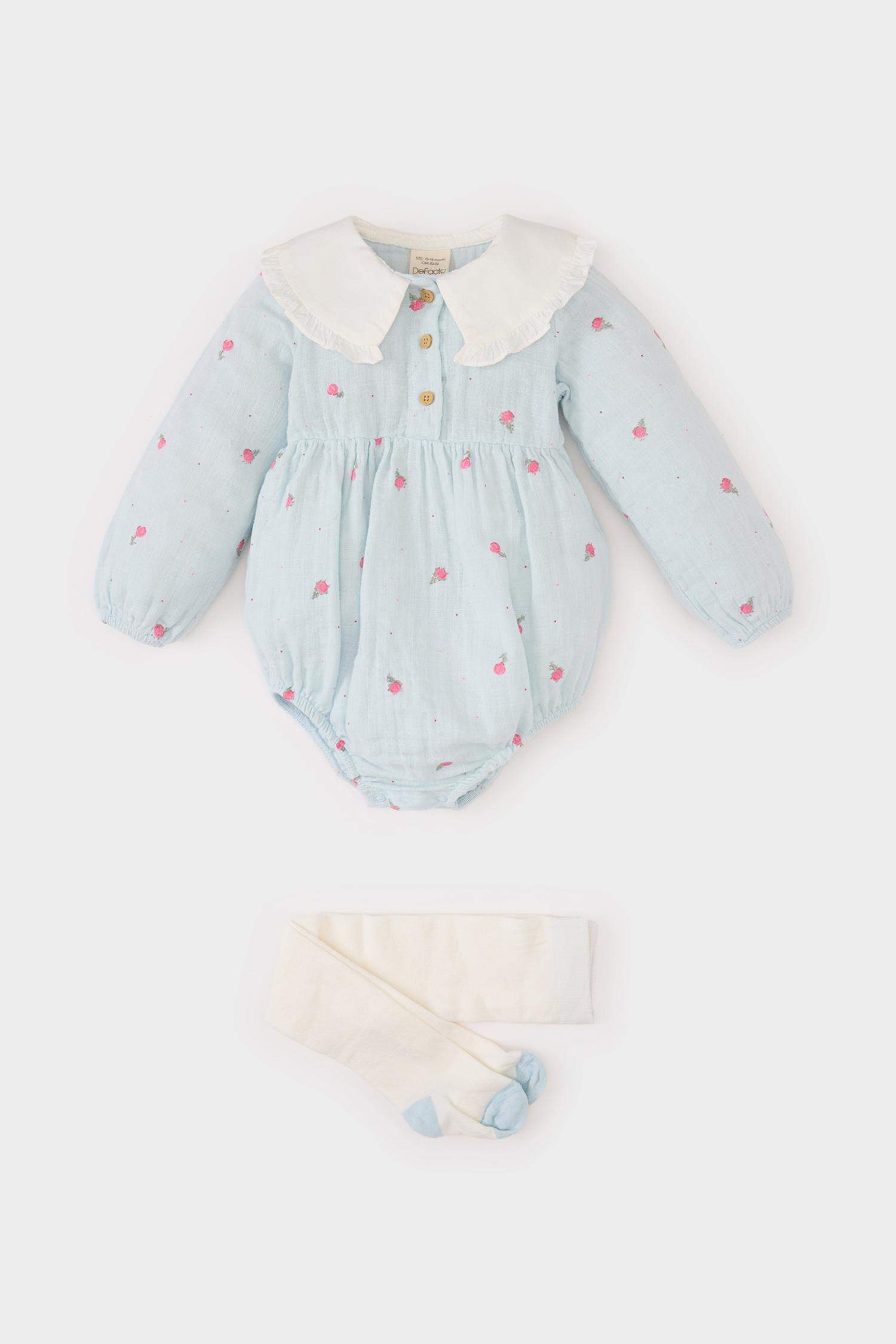 Kız Bebek Yenidoğan 2'li Takım Çiçekli Müslin Uzun Kollu Tulum Külotlu Çorap