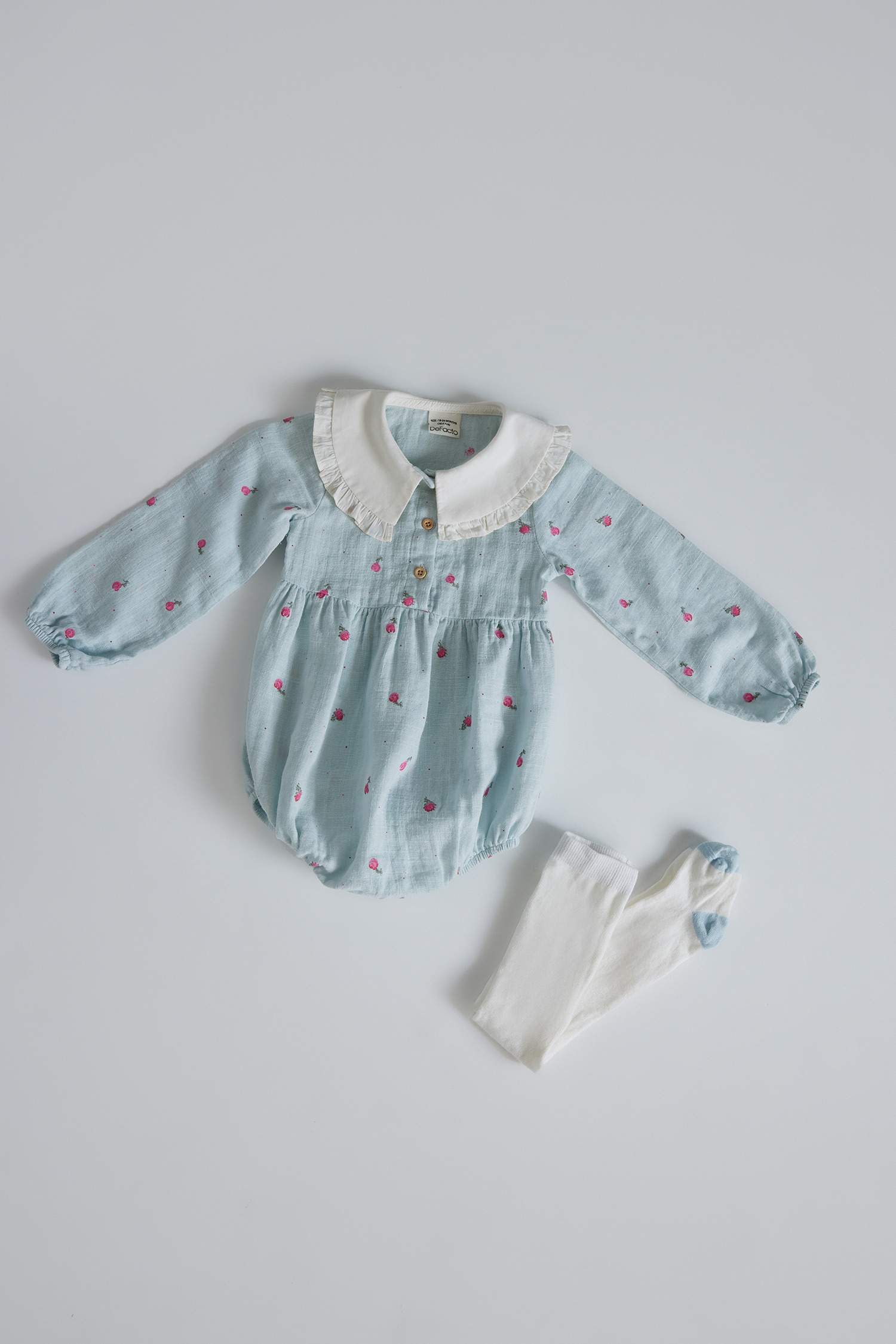 Kız Bebek Yenidoğan 2'li Takım Çiçekli Müslin Uzun Kollu Tulum Külotlu Çorap