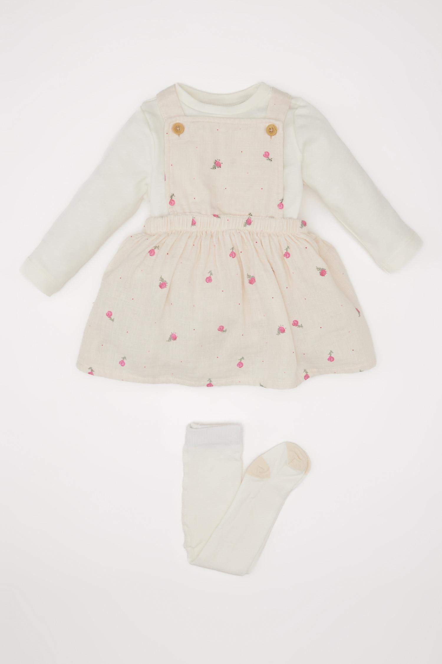 Kız Bebek 3'lü Takım Müslin Çiçekli Uzun Kollu Tişört Salopet Elbise Külotlu Çorap 