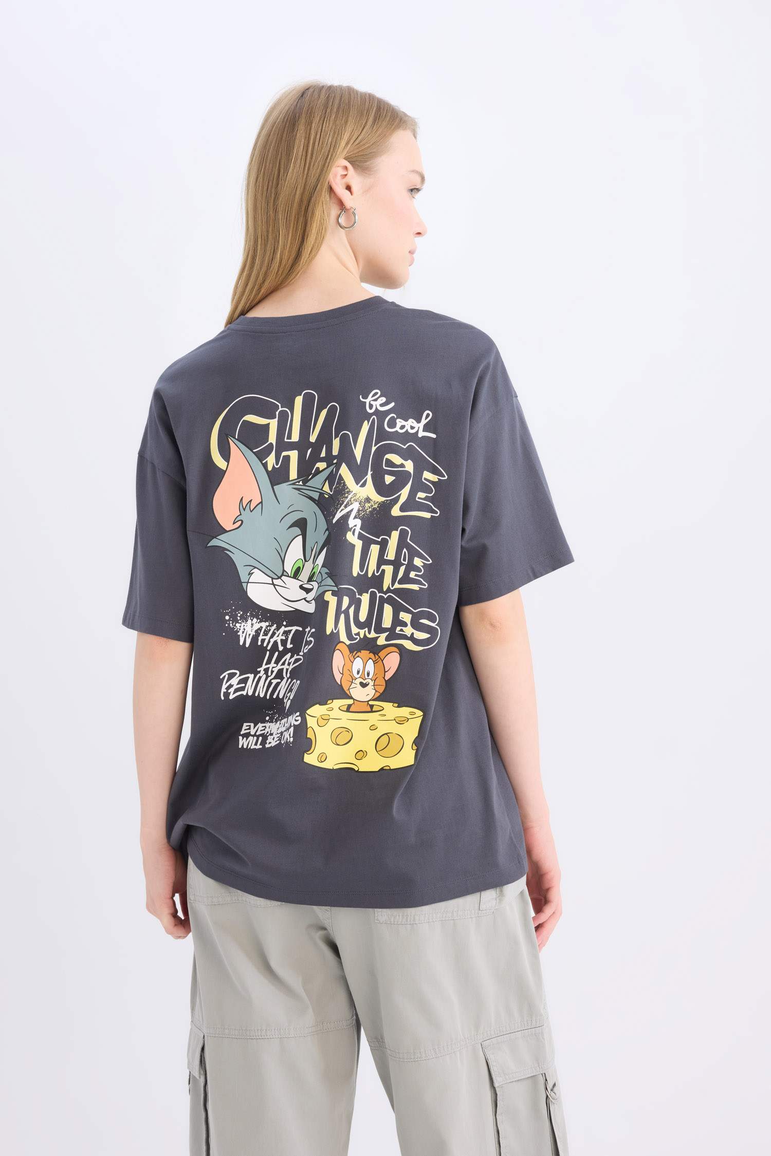 Coool Tom & Jerry Oversize Geniş Kalıp Bisiklet Yaka Sırt Baskılı Kısa Kollu Tişört