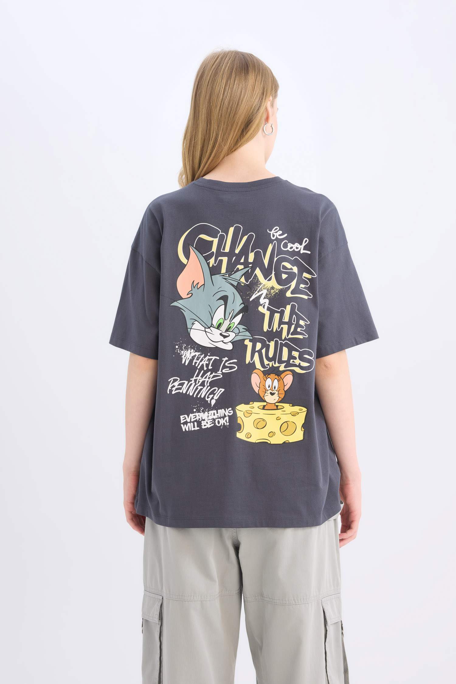 Coool Tom & Jerry Oversize Geniş Kalıp Bisiklet Yaka Sırt Baskılı Kısa Kollu Tişört