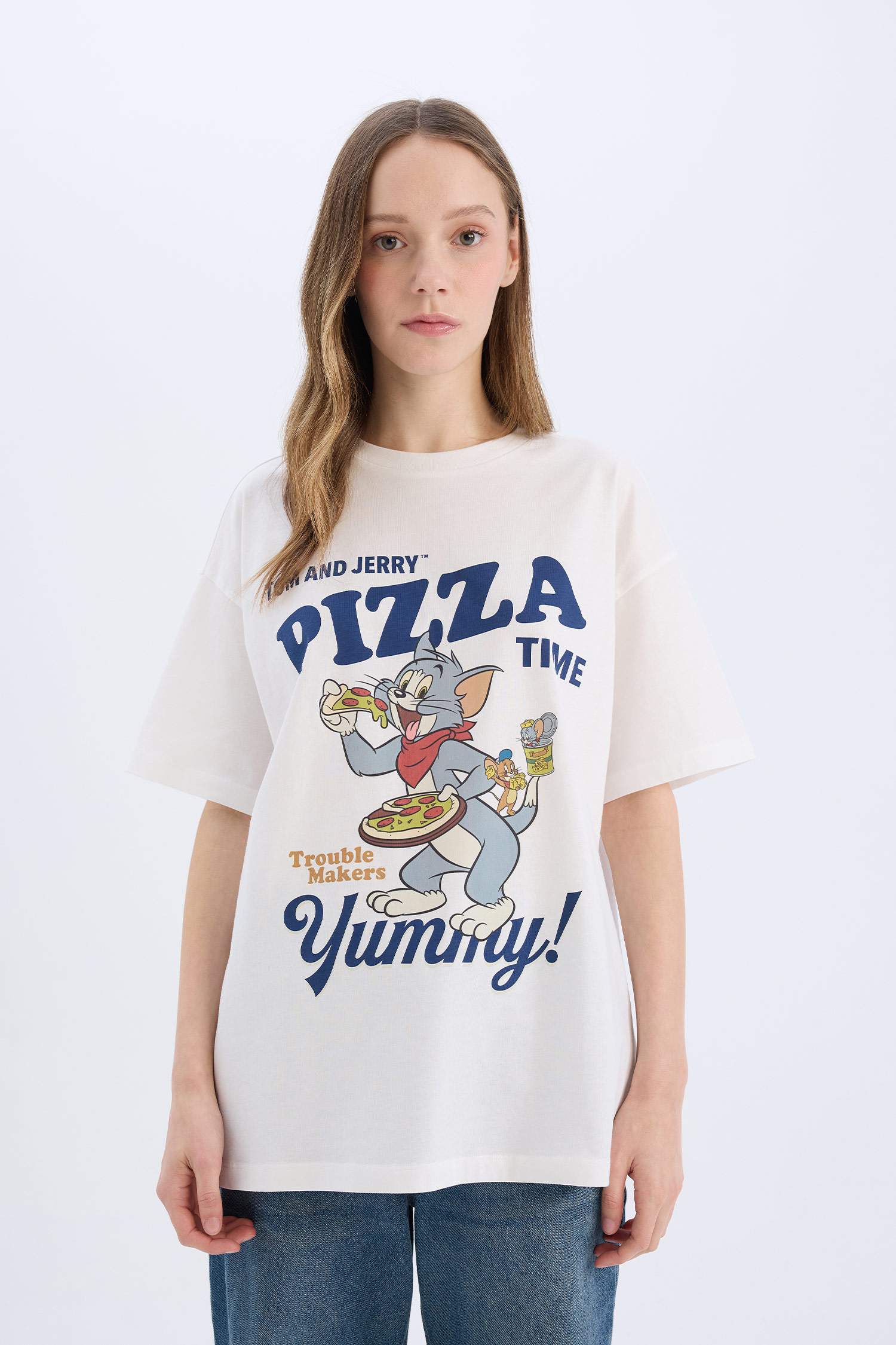 Tom & Jerry Oversize Geniş Kalıp Bisiklet Yaka Kısa Kollu Tişört