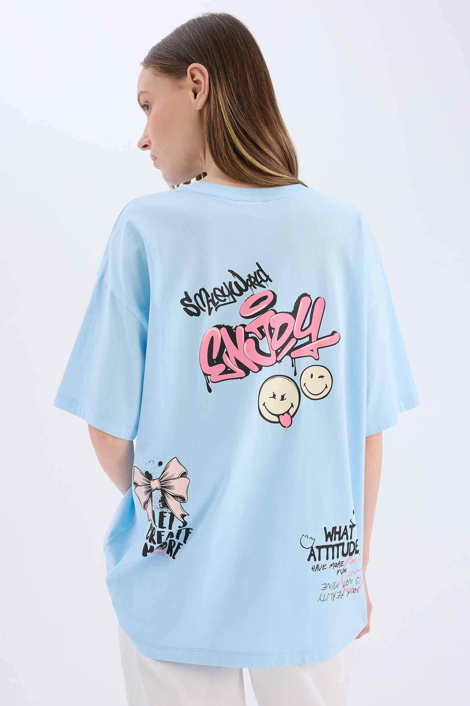 Coool SmileyWorld Oversize Geniş Kalıp Bisiklet Yaka Sırt Baskılı Kısa Kollu Tişört