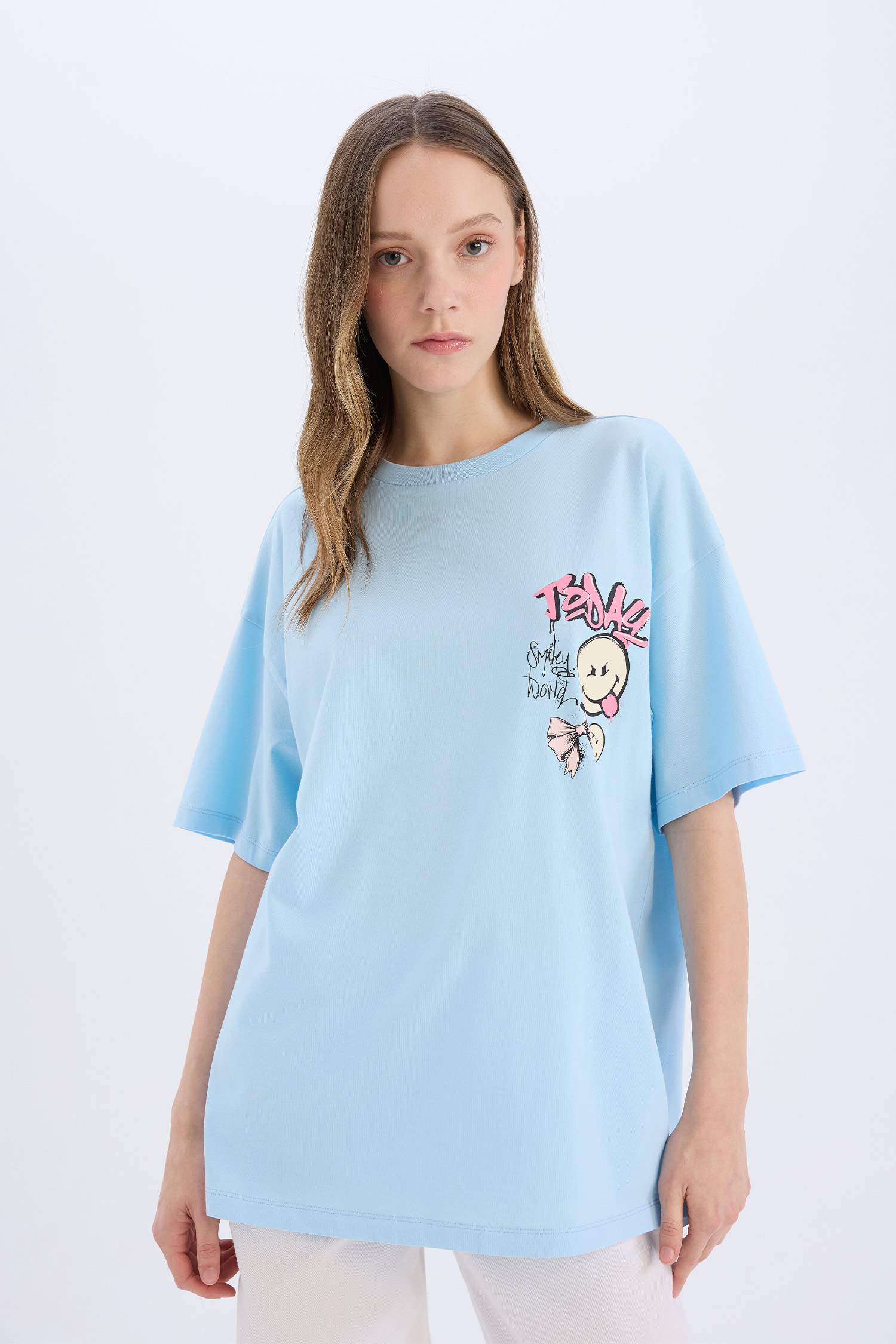 Coool SmileyWorld Oversize Geniş Kalıp Bisiklet Yaka Sırt Baskılı Kısa Kollu Tişört