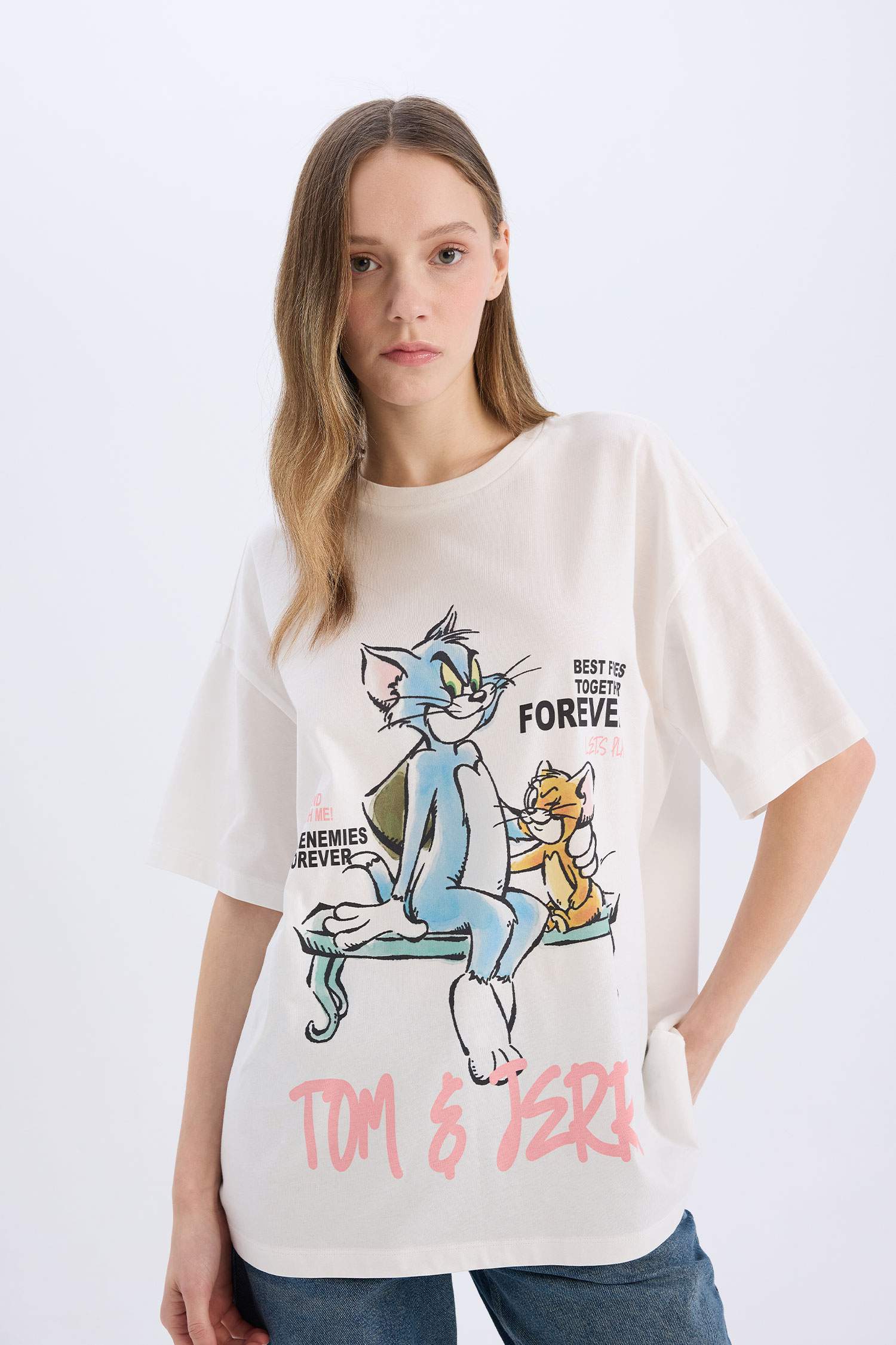 Coool Tom & Jerry Oversize Geniş Kalıp Bisiklet Yaka Sırt Baskılı Kısa Kollu Tişört