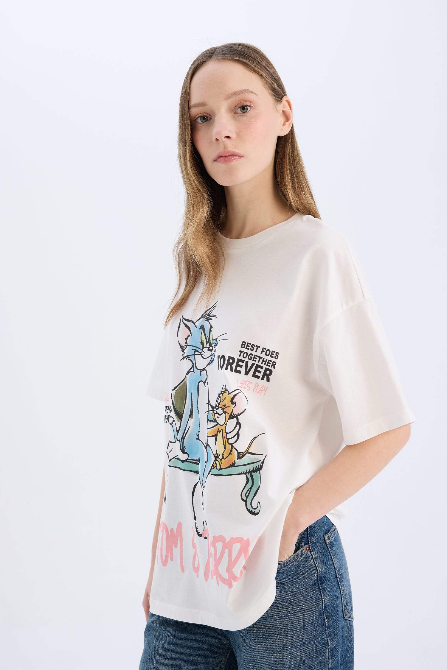 Coool Tom & Jerry Oversize Geniş Kalıp Bisiklet Yaka Sırt Baskılı Kısa Kollu Tişört