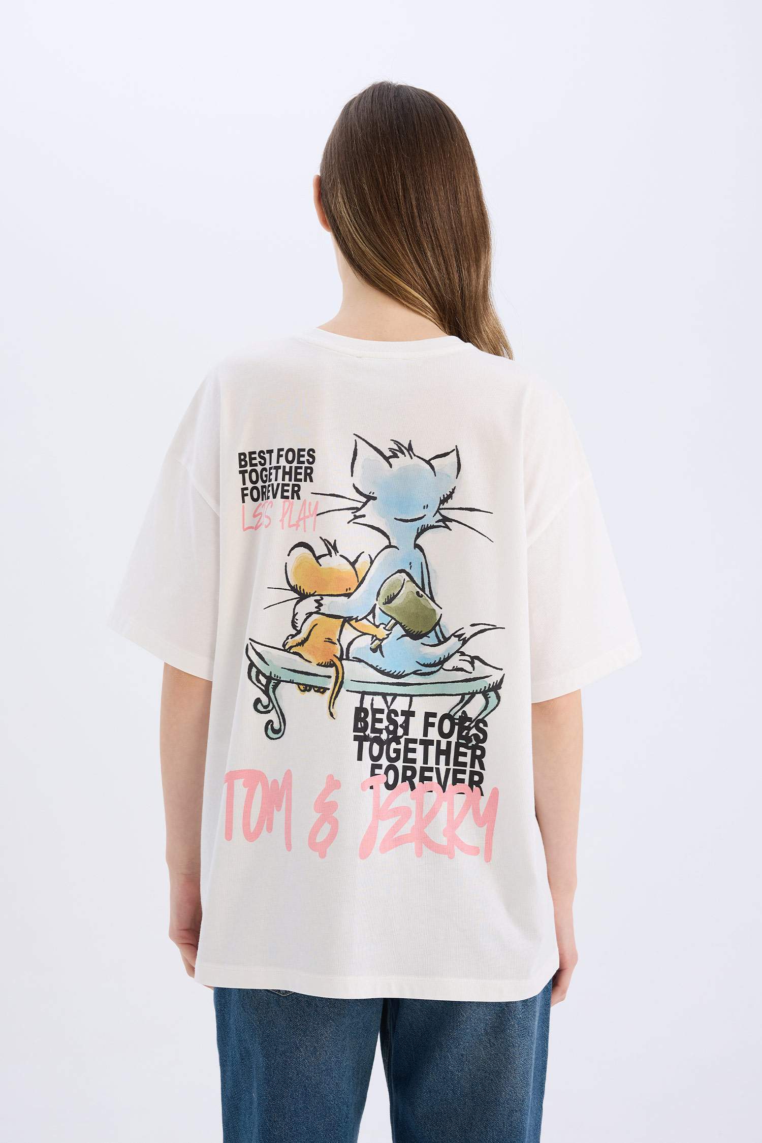Coool Tom & Jerry Oversize Geniş Kalıp Bisiklet Yaka Sırt Baskılı Kısa Kollu Tişört