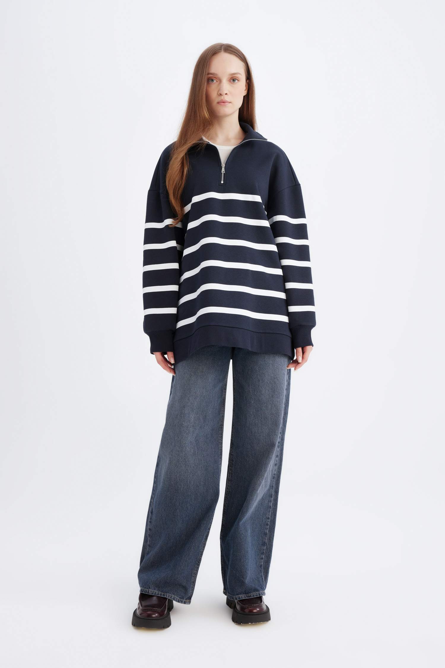 Relax Fit Polo Yaka Çizgili İçi Yumuşak Tüylü Kalın Sweatshirt Tunik