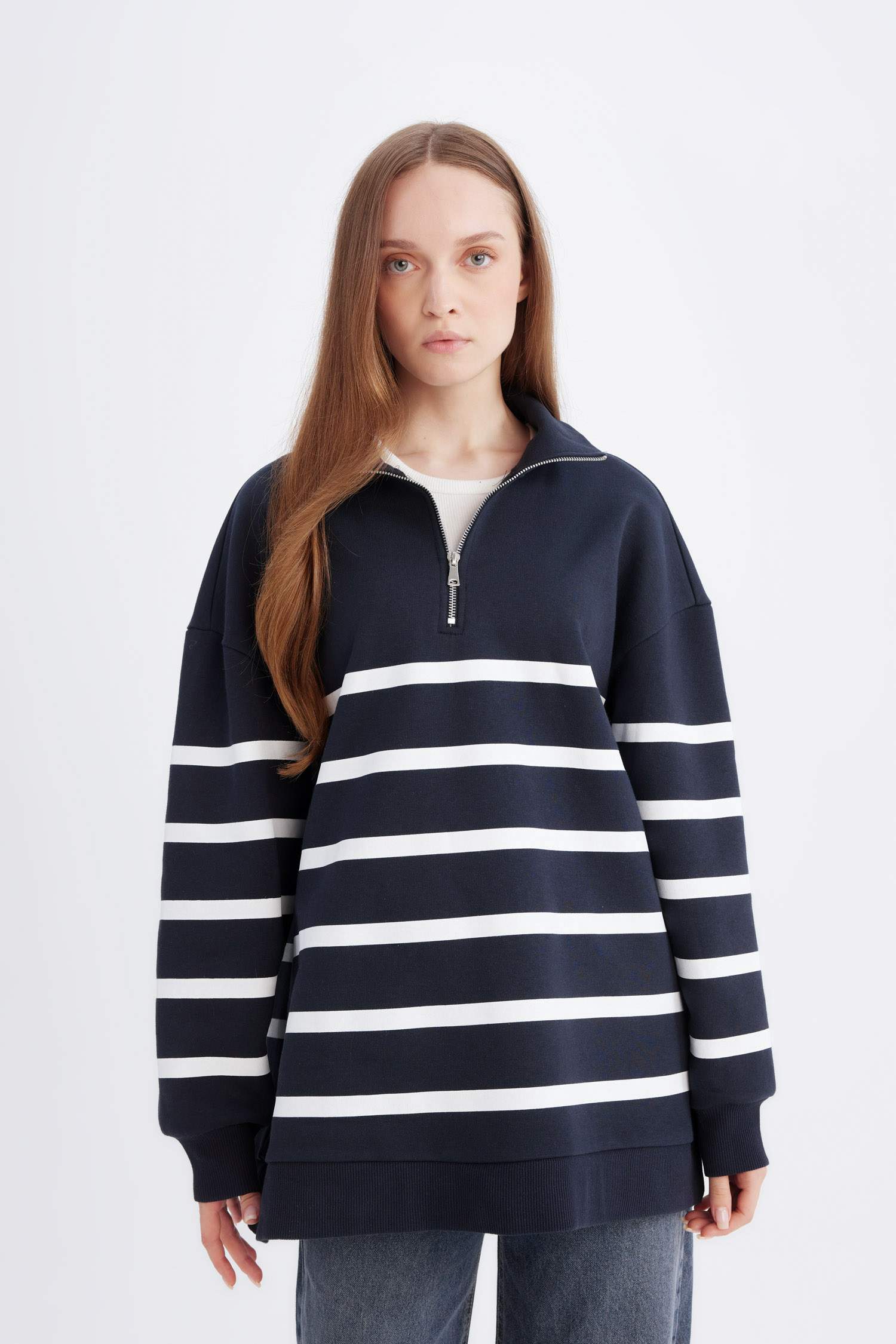 Relax Fit Polo Yaka Çizgili İçi Yumuşak Tüylü Kalın Sweatshirt Tunik