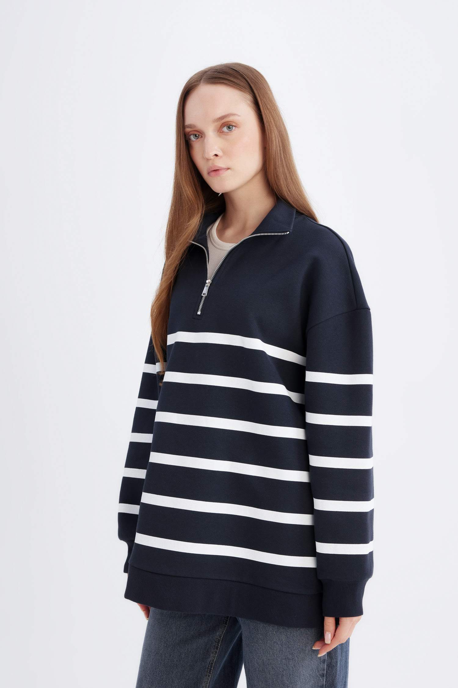 Relax Fit Polo Yaka Çizgili İçi Yumuşak Tüylü Kalın Sweatshirt Tunik