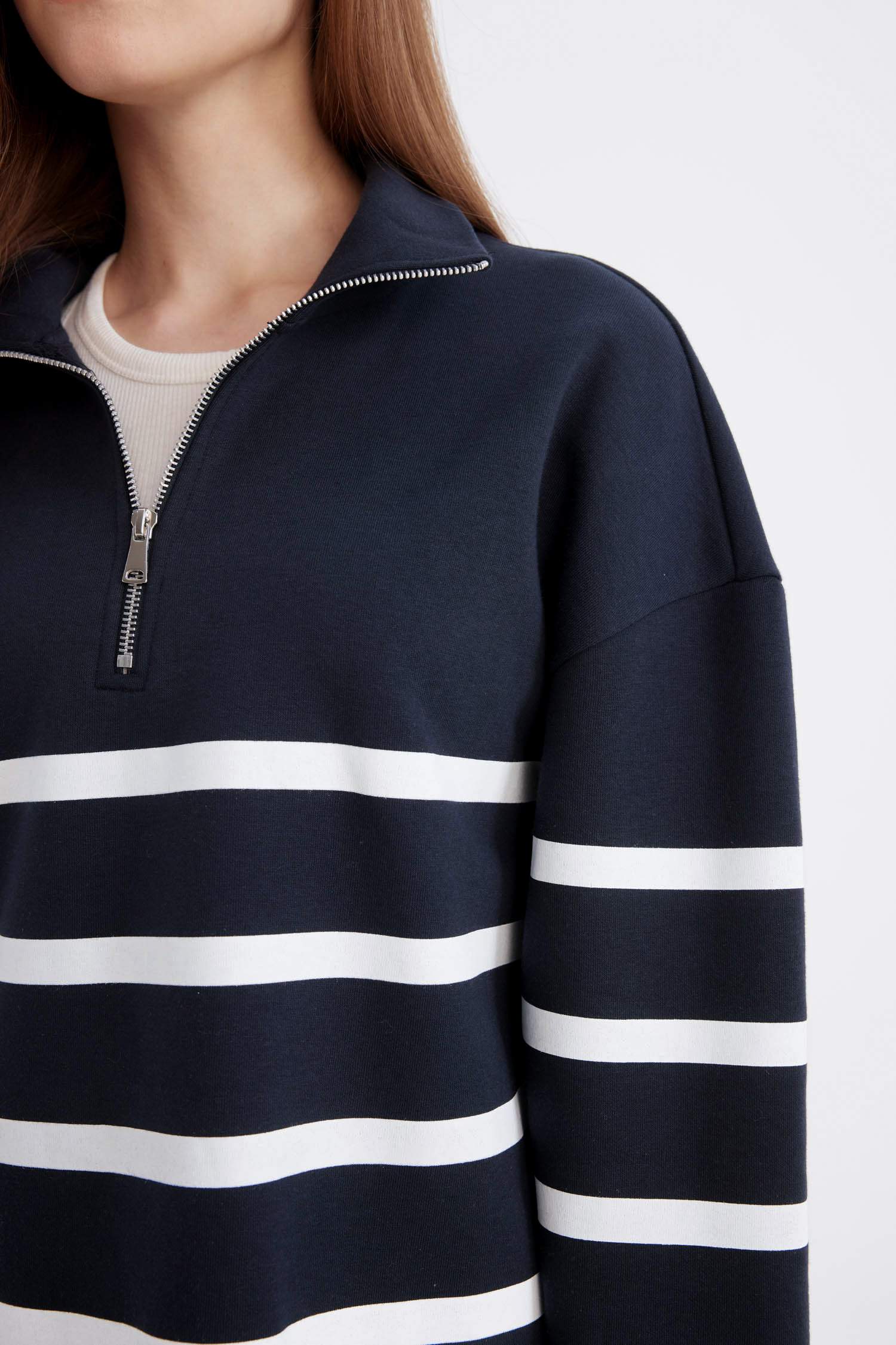 Relax Fit Polo Yaka Çizgili İçi Yumuşak Tüylü Kalın Sweatshirt Tunik