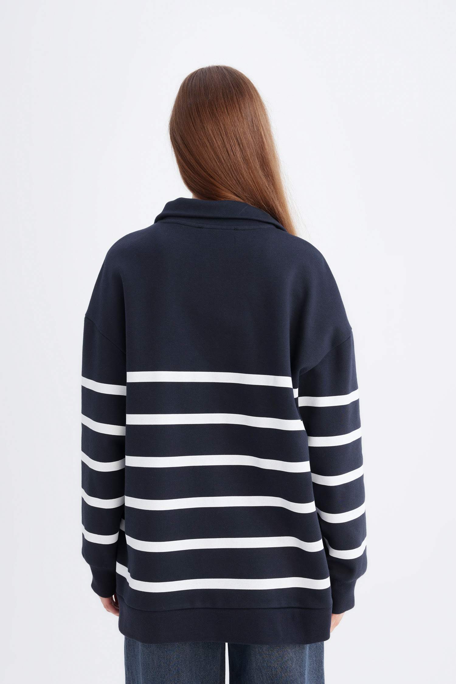 Relax Fit Polo Yaka Çizgili İçi Yumuşak Tüylü Kalın Sweatshirt Tunik