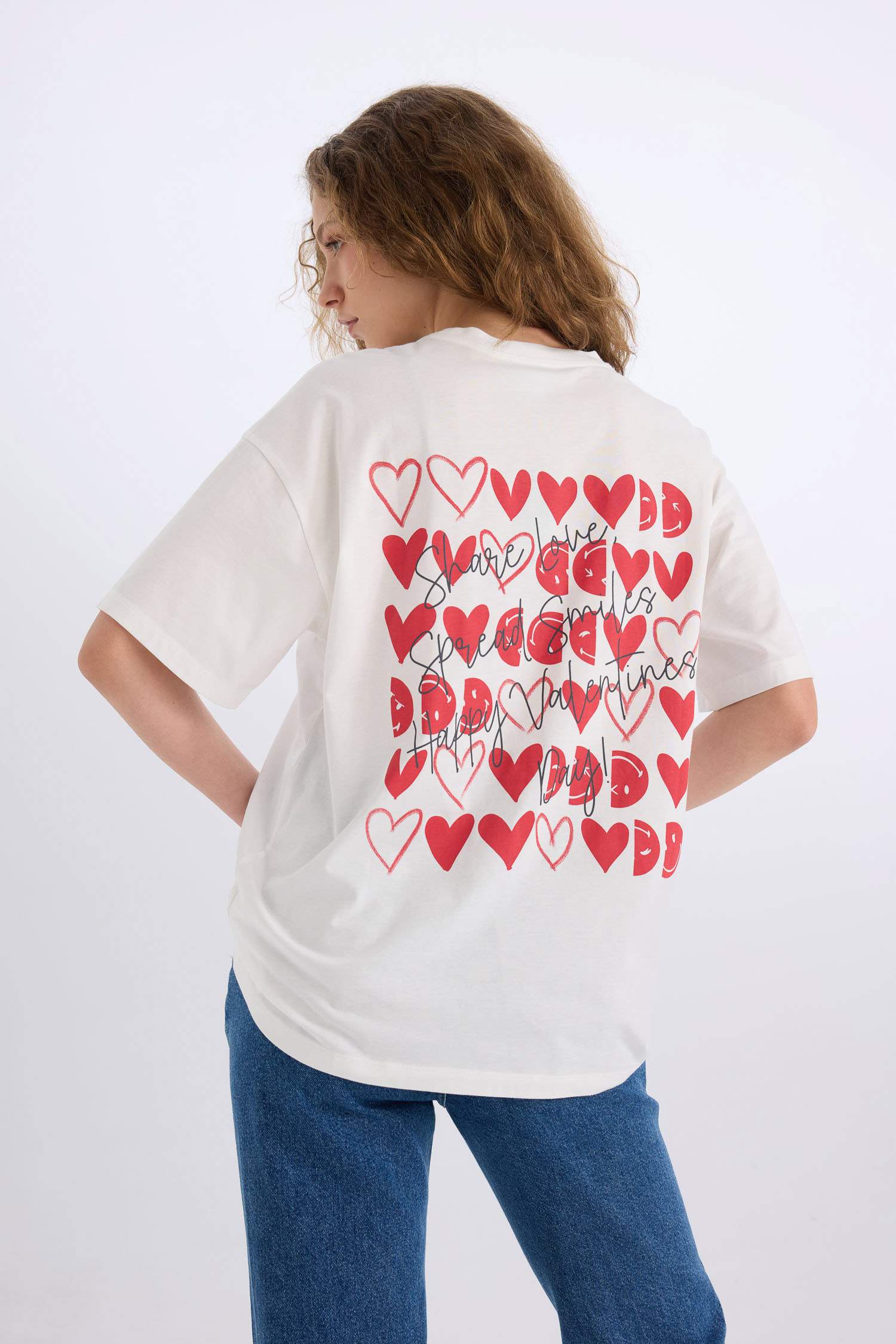 SmileyWorld Oversize Geniş Kalıp Bisiklet Yaka Sırt Baskılı Kısa Kollu Tişört