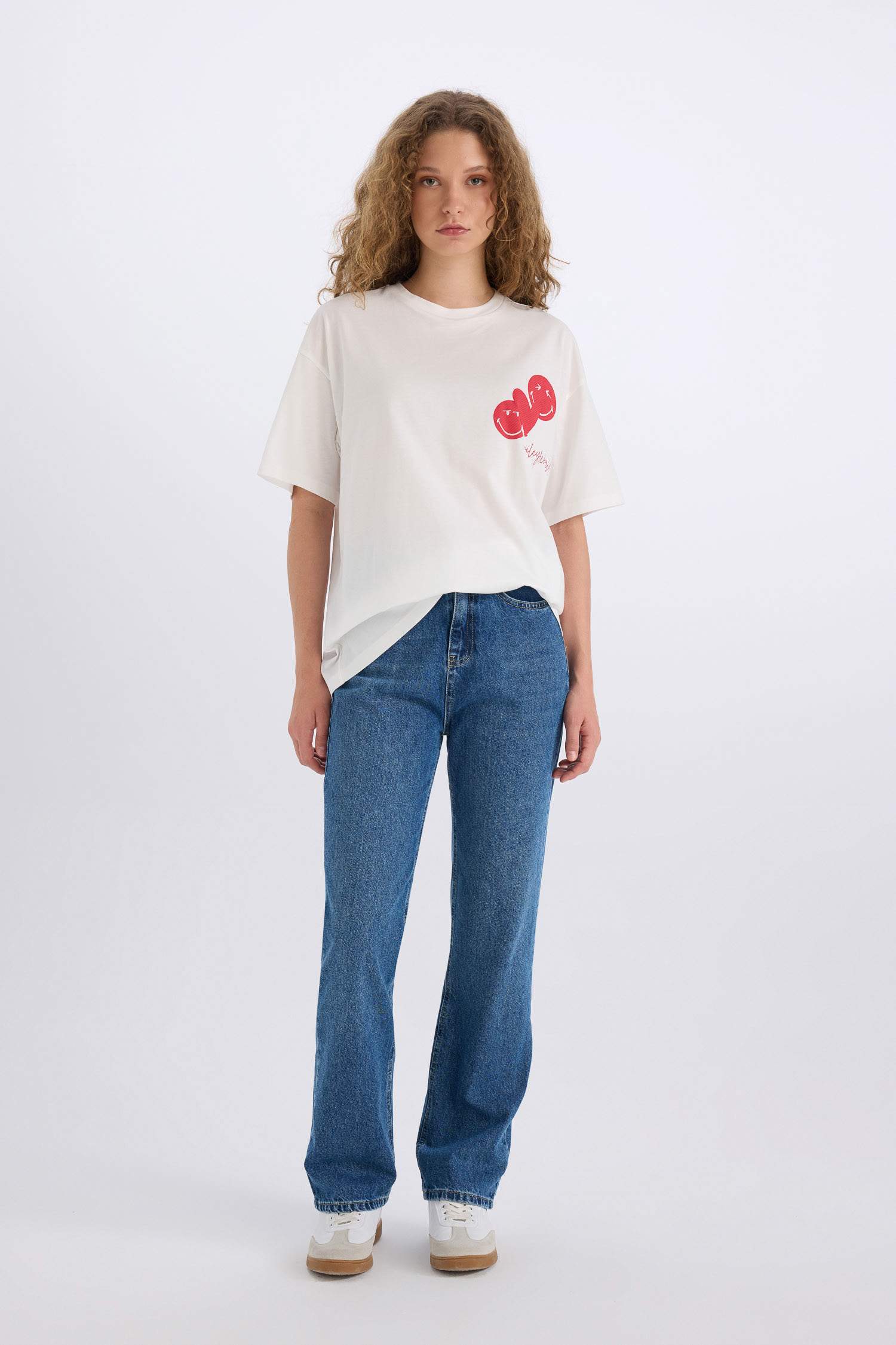 SmileyWorld Oversize Geniş Kalıp Bisiklet Yaka Sırt Baskılı Kısa Kollu Tişört