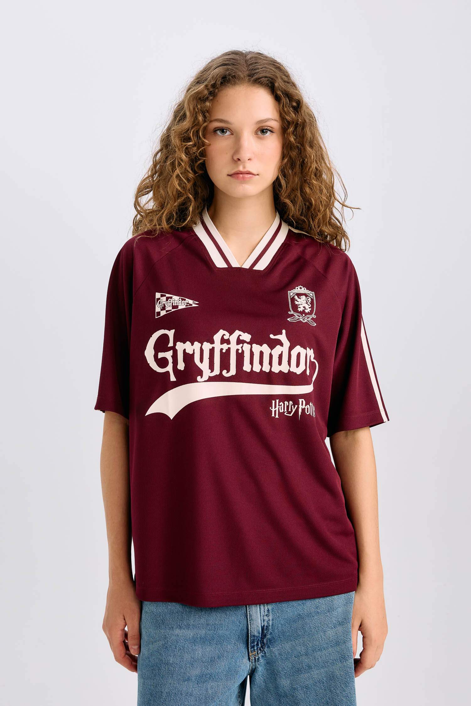 Harry Potter Oversize Geniş Kalıp V Yaka Baskılı Forma Kumaşı Kısa Kollu Tişört