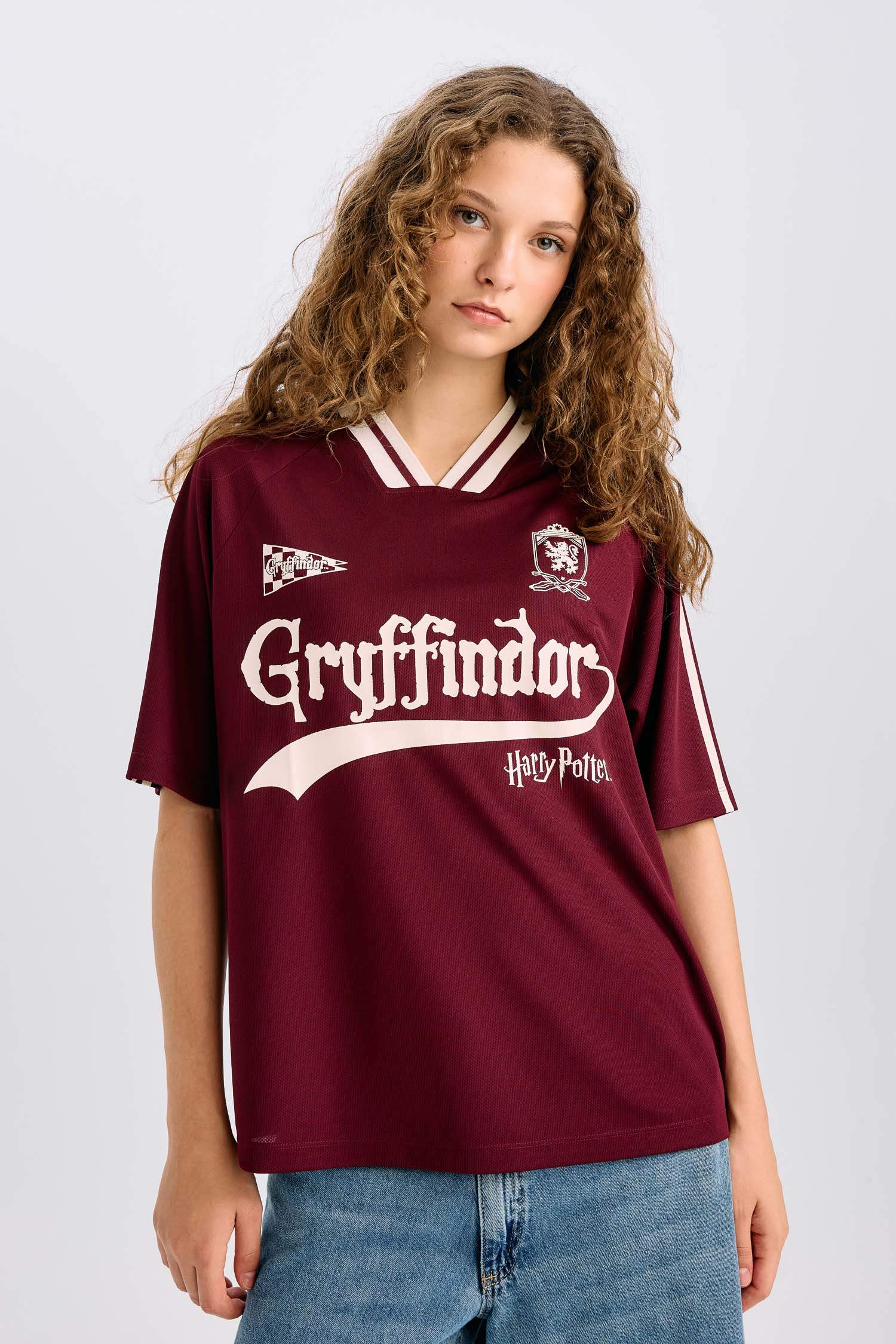 Harry Potter Oversize Geniş Kalıp V Yaka Baskılı Forma Kumaşı Kısa Kollu Tişört