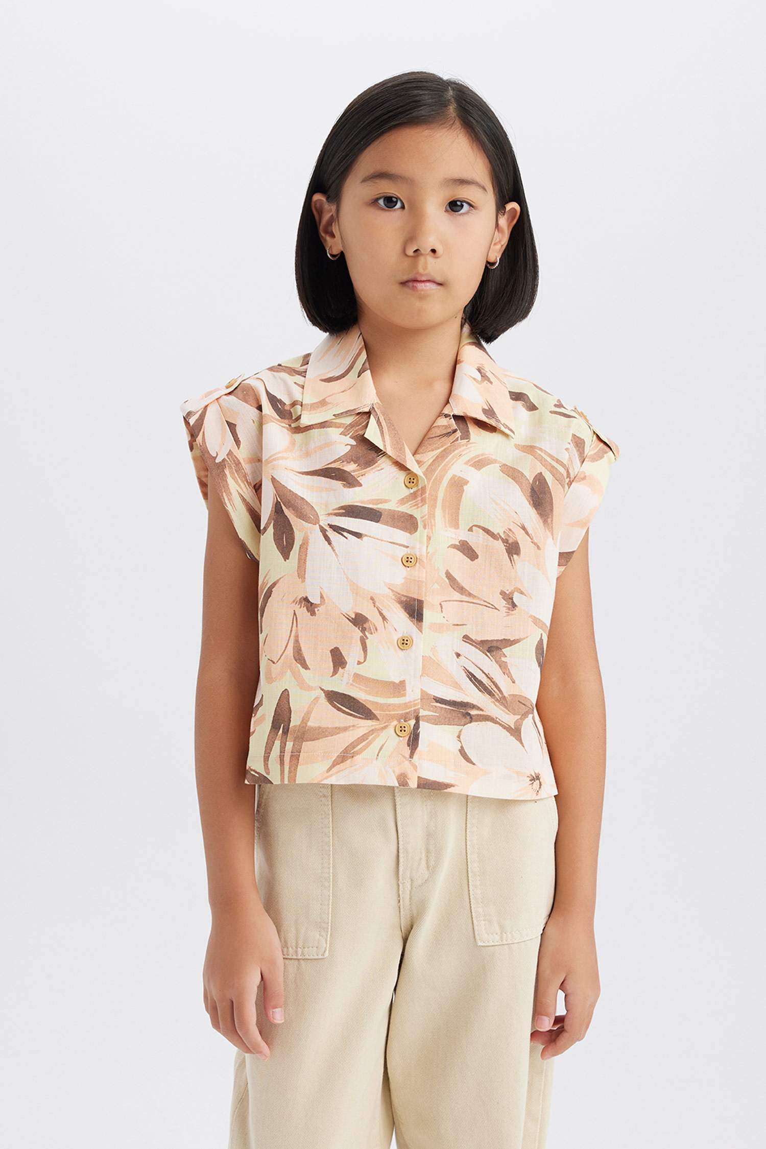 Girl Crop Patterned Cotton Short Sleeve Shirt