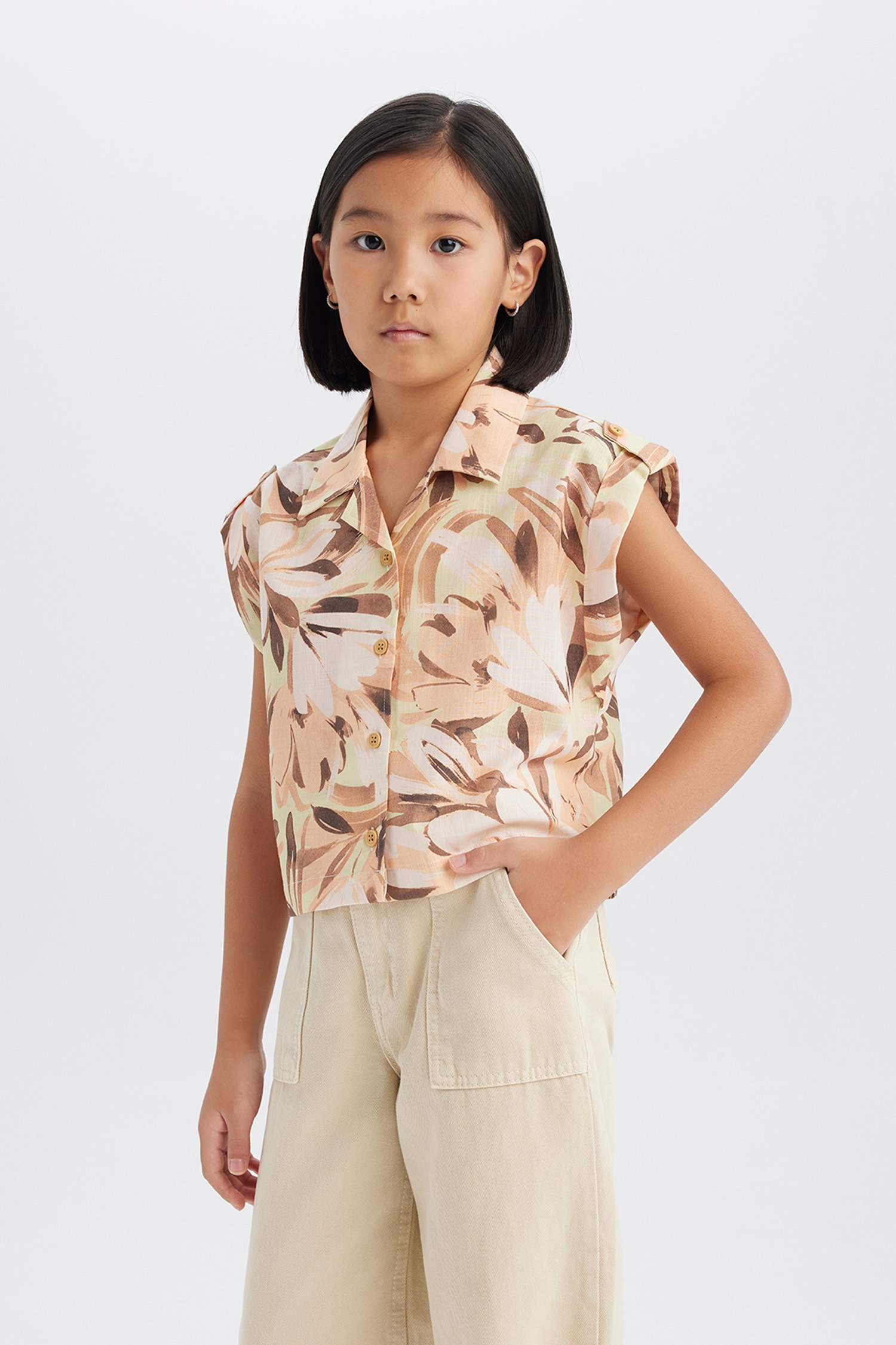 Girl Crop Patterned Cotton Short Sleeve Shirt