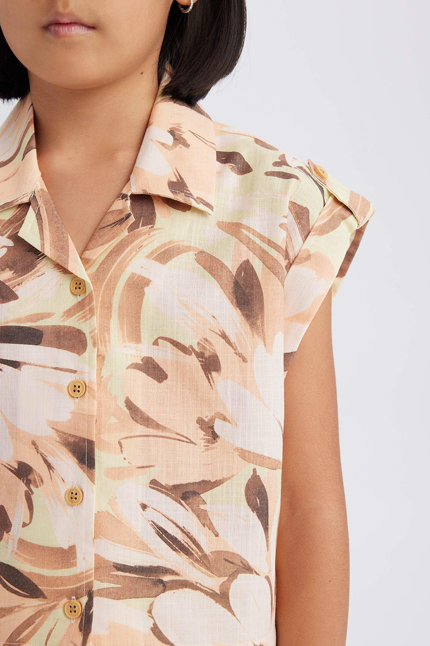 Girl Crop Patterned Cotton Short Sleeve Shirt