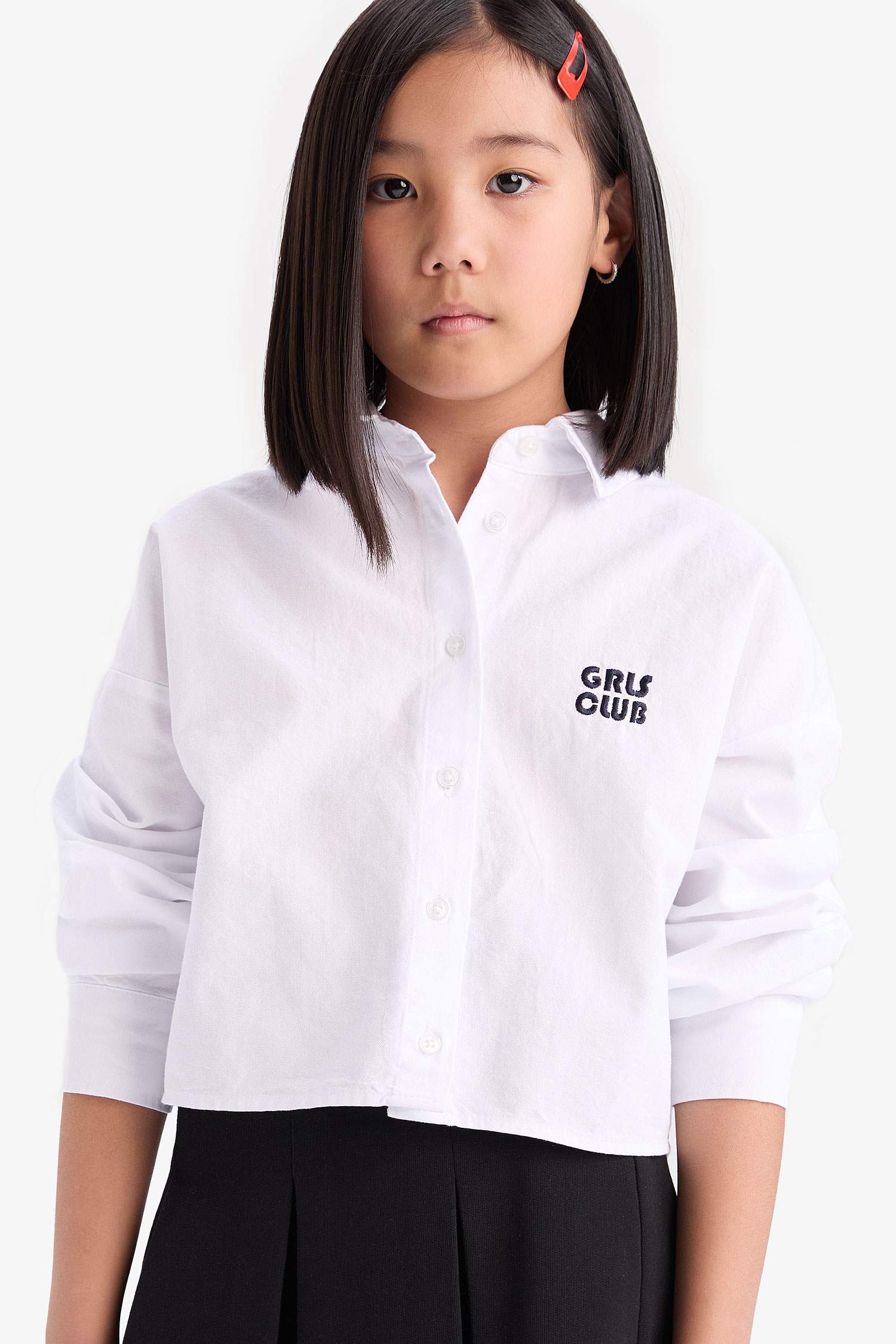 Kız Çocuk Cropped Fit Oxford Uzun Kollu Gömlek