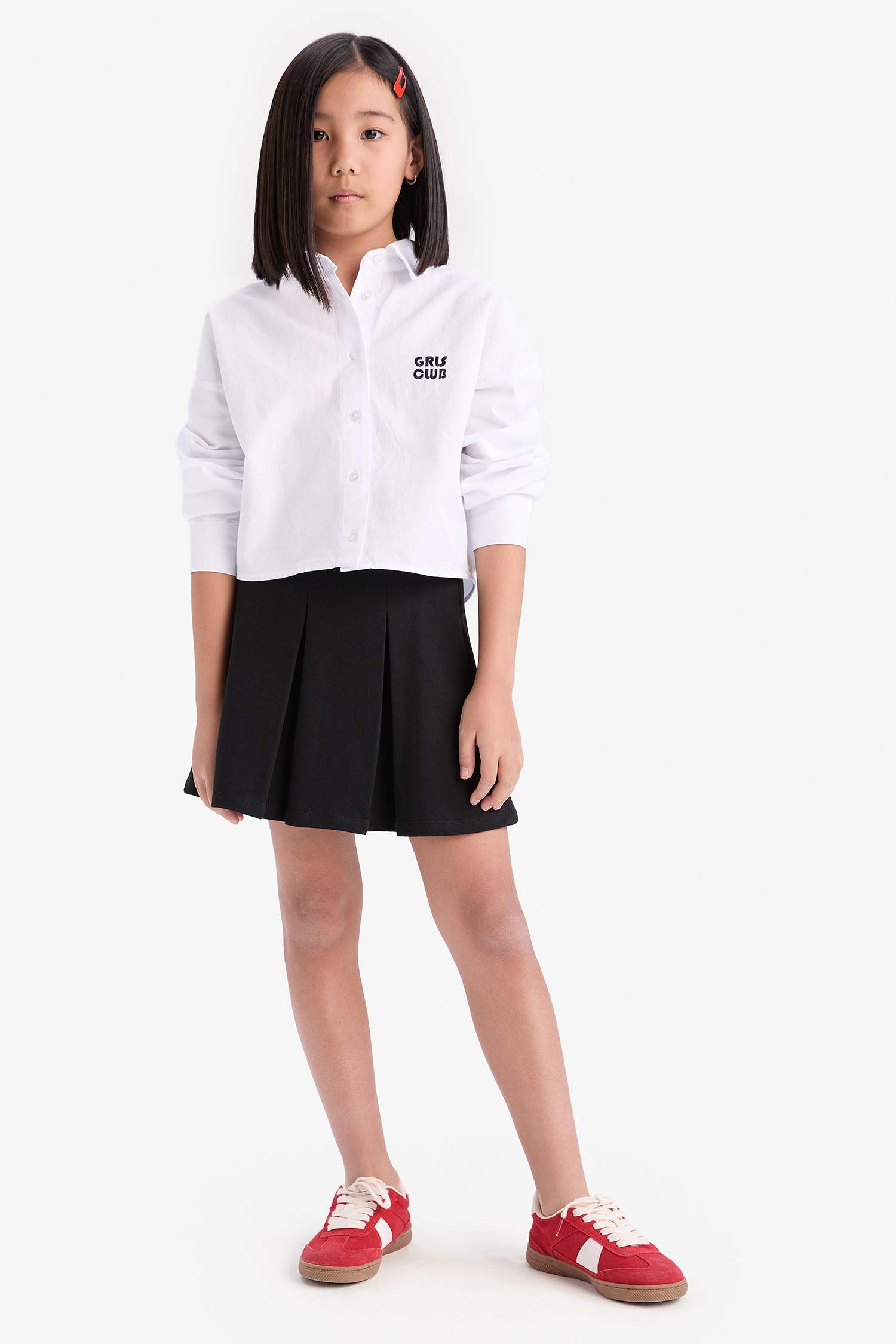 Kız Çocuk Cropped Fit Oxford Uzun Kollu Gömlek