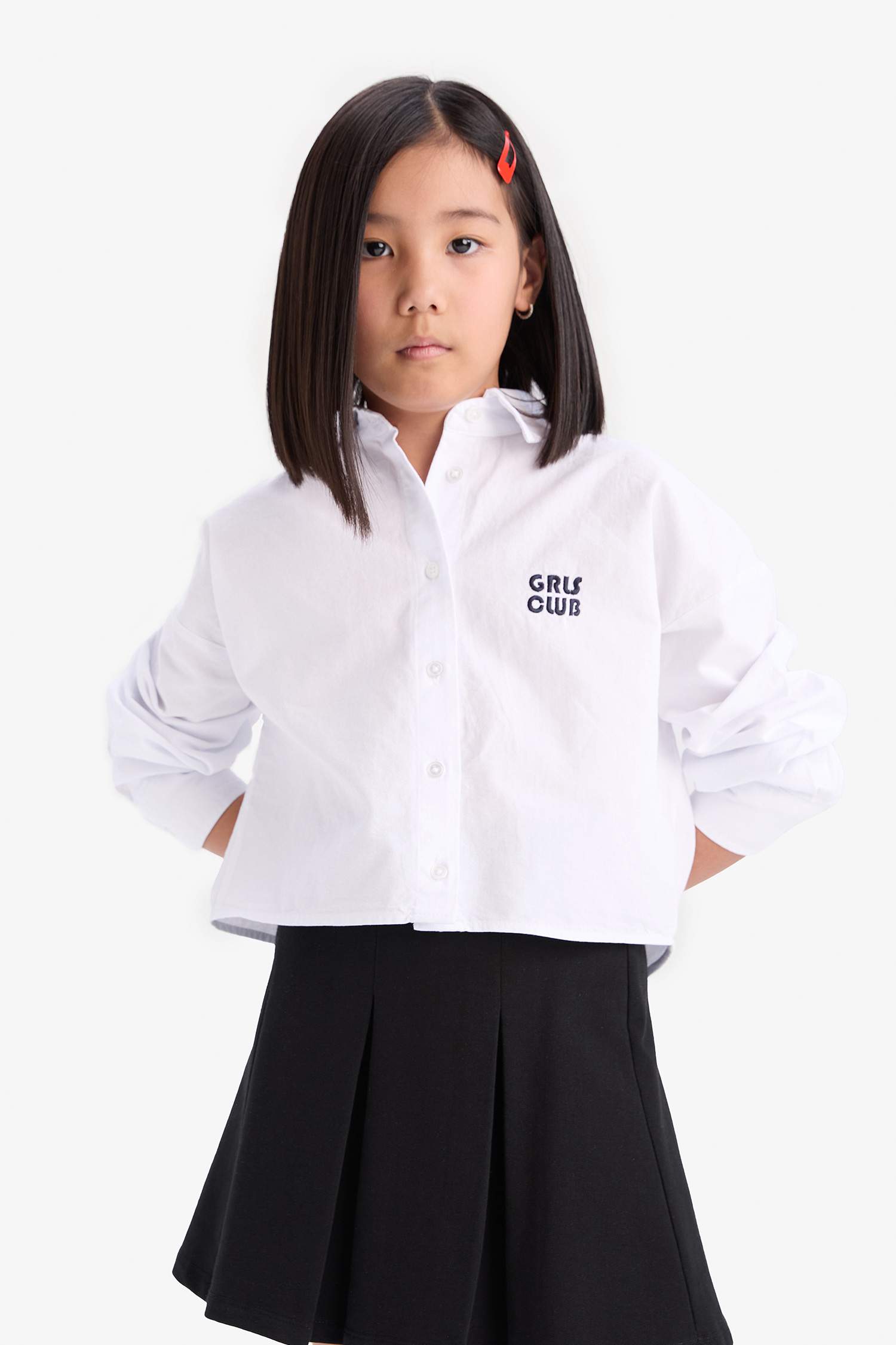 Kız Çocuk Cropped Fit Oxford Uzun Kollu Gömlek