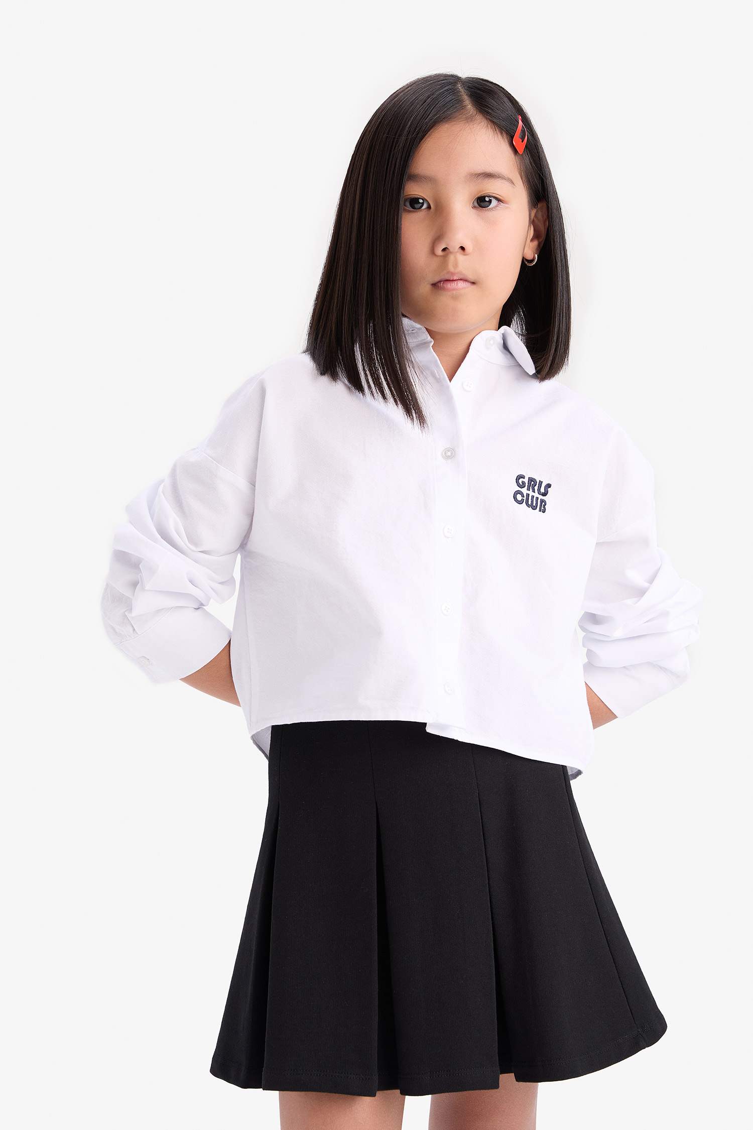 Kız Çocuk Cropped Fit Oxford Uzun Kollu Gömlek