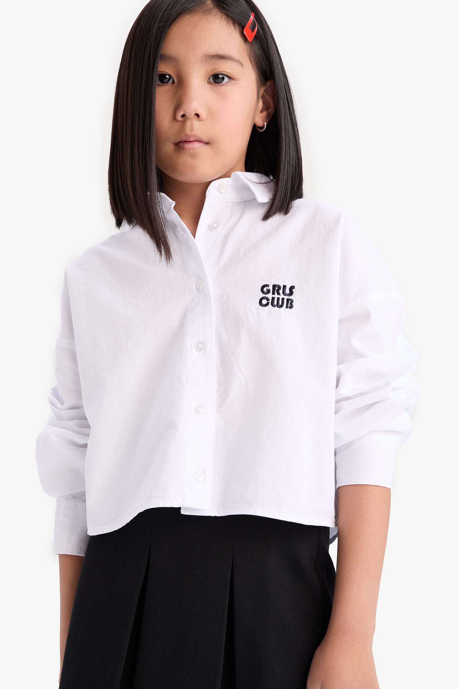 Kız Çocuk Cropped Fit Oxford Uzun Kollu Gömlek