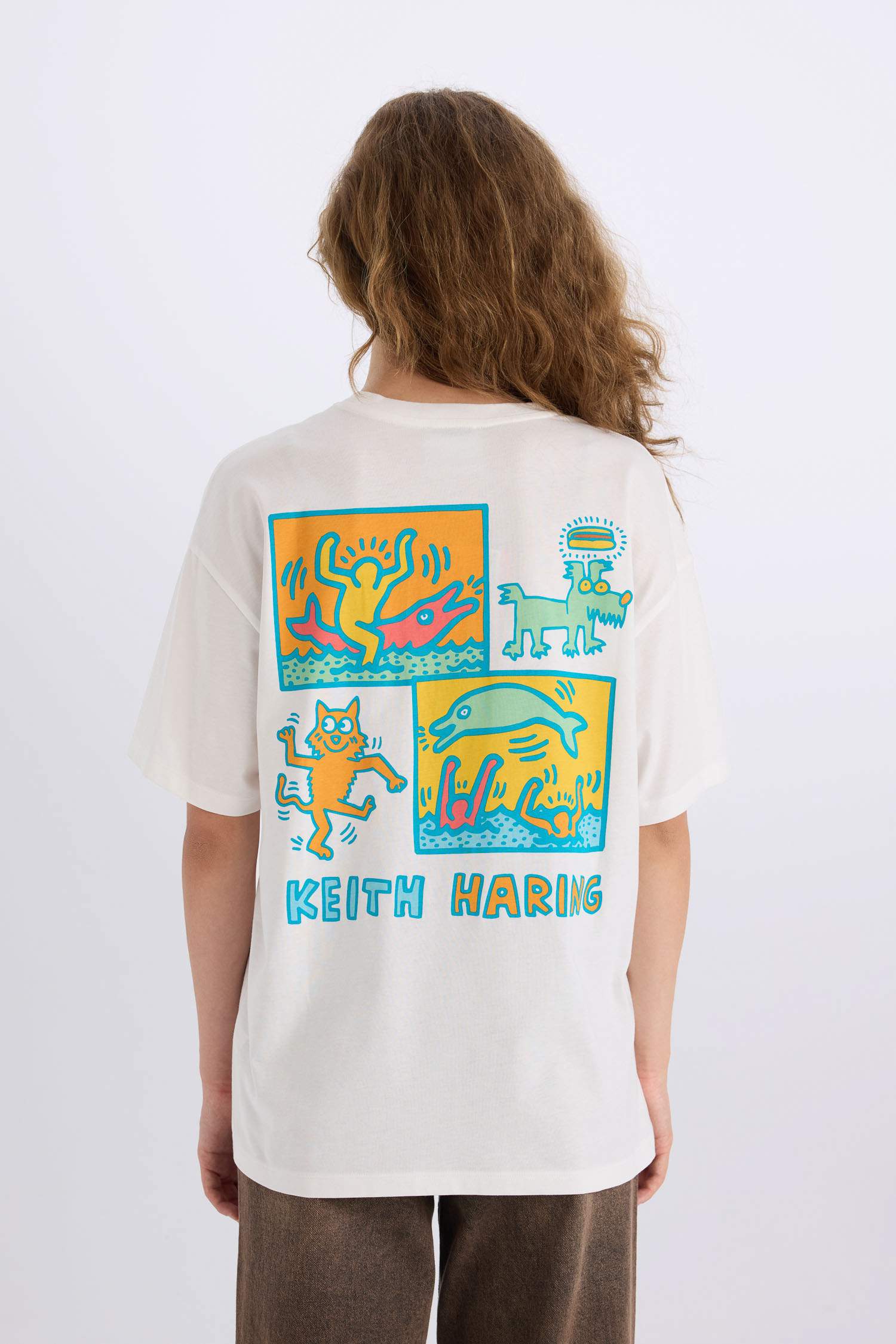 Keith Haring Oversize Geniş Kalıp Bisiklet Yaka Sırt Baskılı Kısa Kollu Tişört