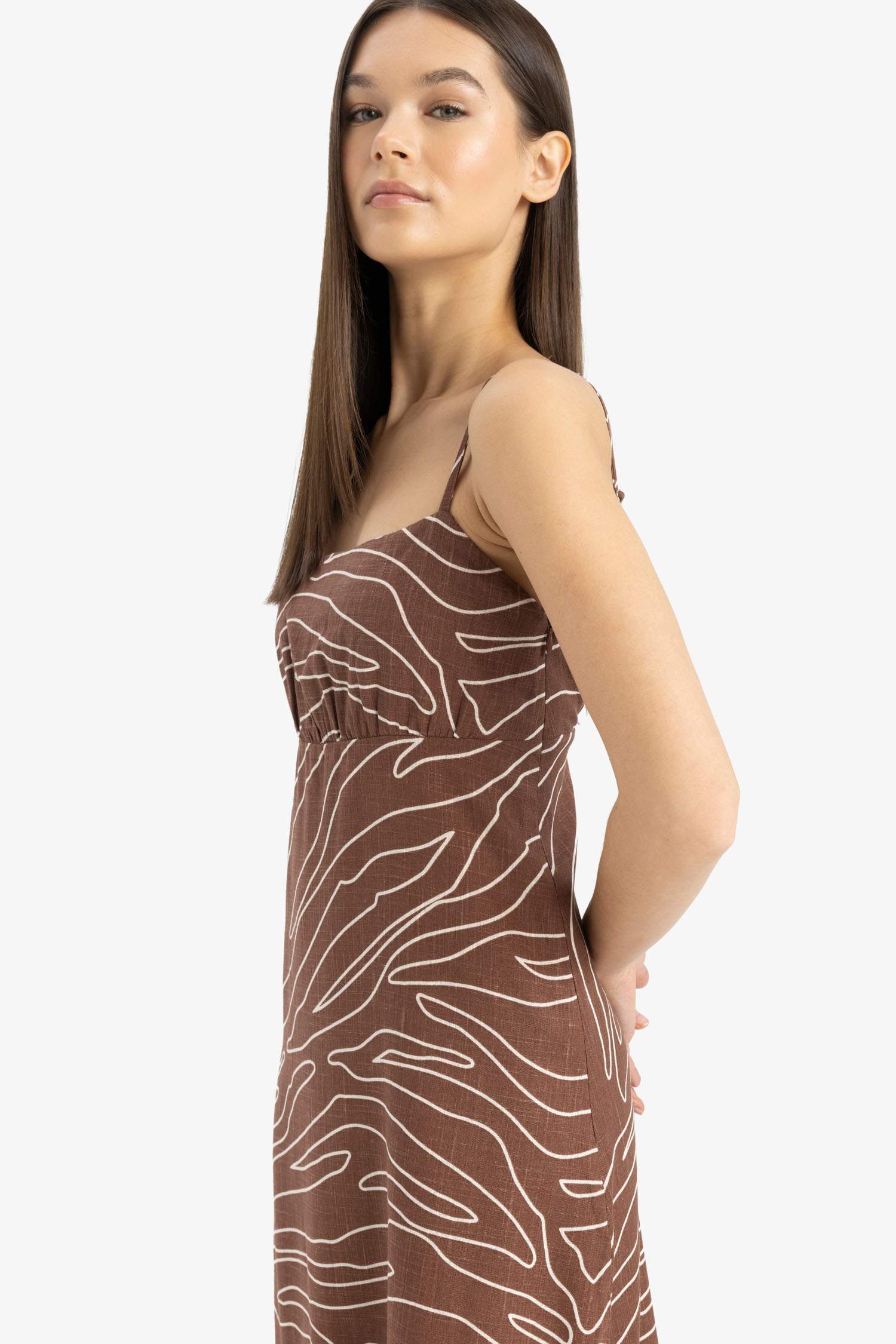 Square Collar Strappy Patterned Linen Blend Midi Dress