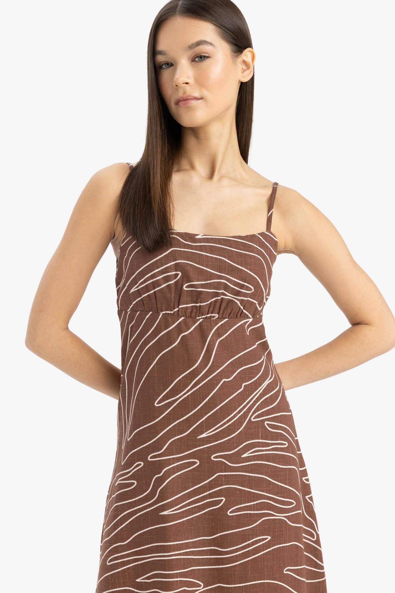 Square Collar Strappy Patterned Linen Blend Midi Dress