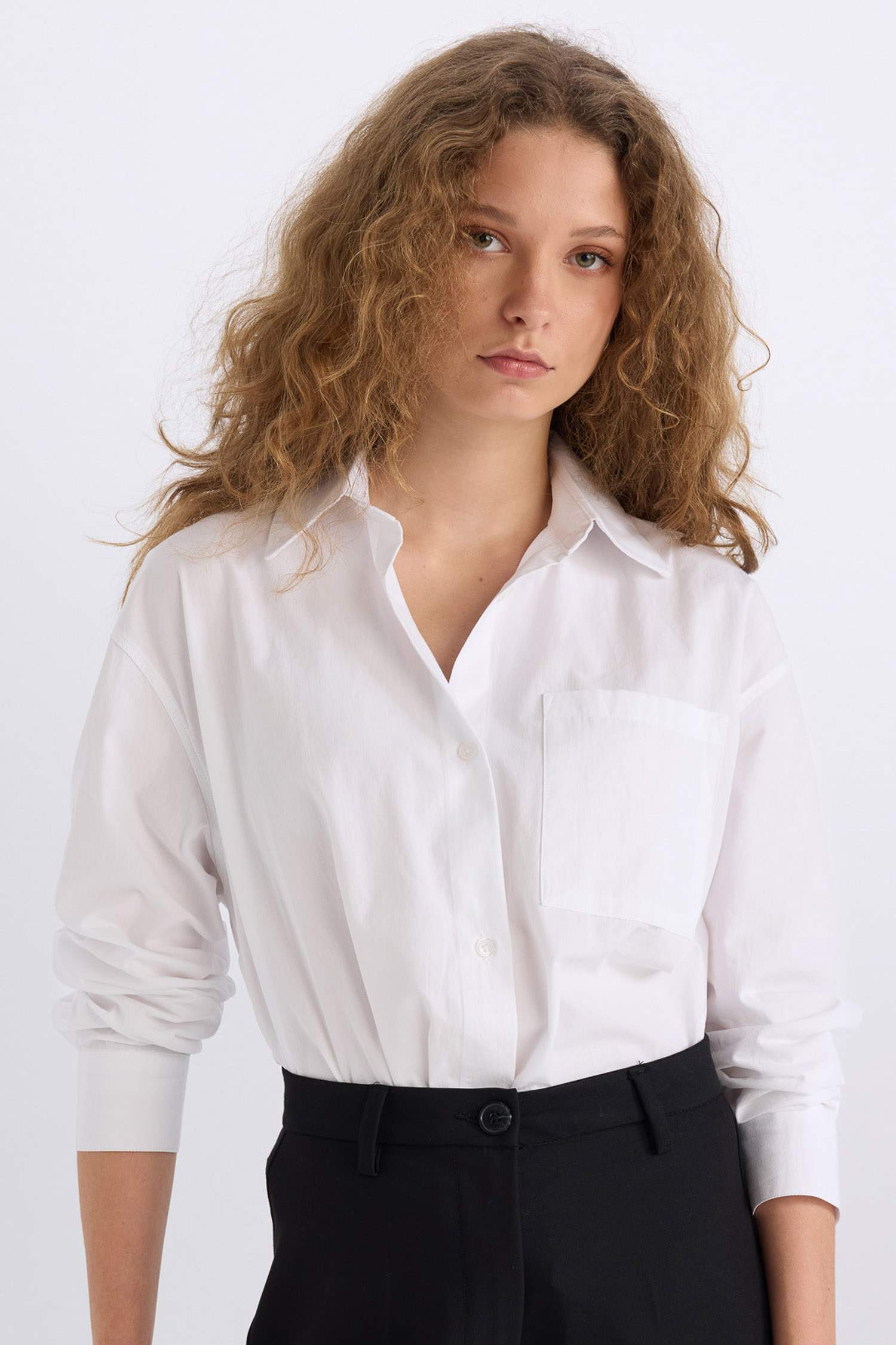 Chemise Oversize à Manches Longues en Popeline avec Poche