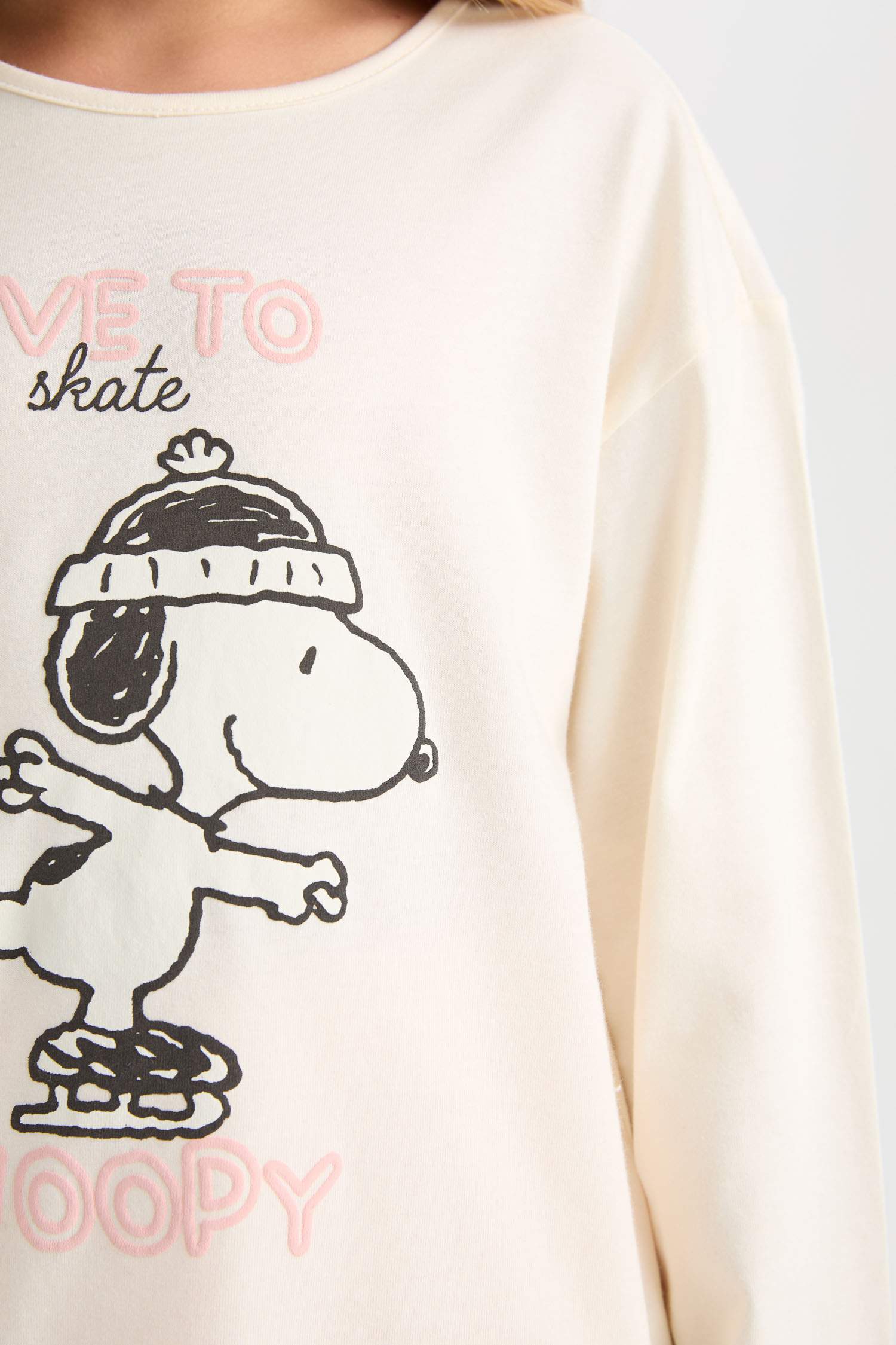 Kız Çocuk Pijama Takımı Snoopy Uzun Kollu Üst Beli Lastikli Uzun Alt