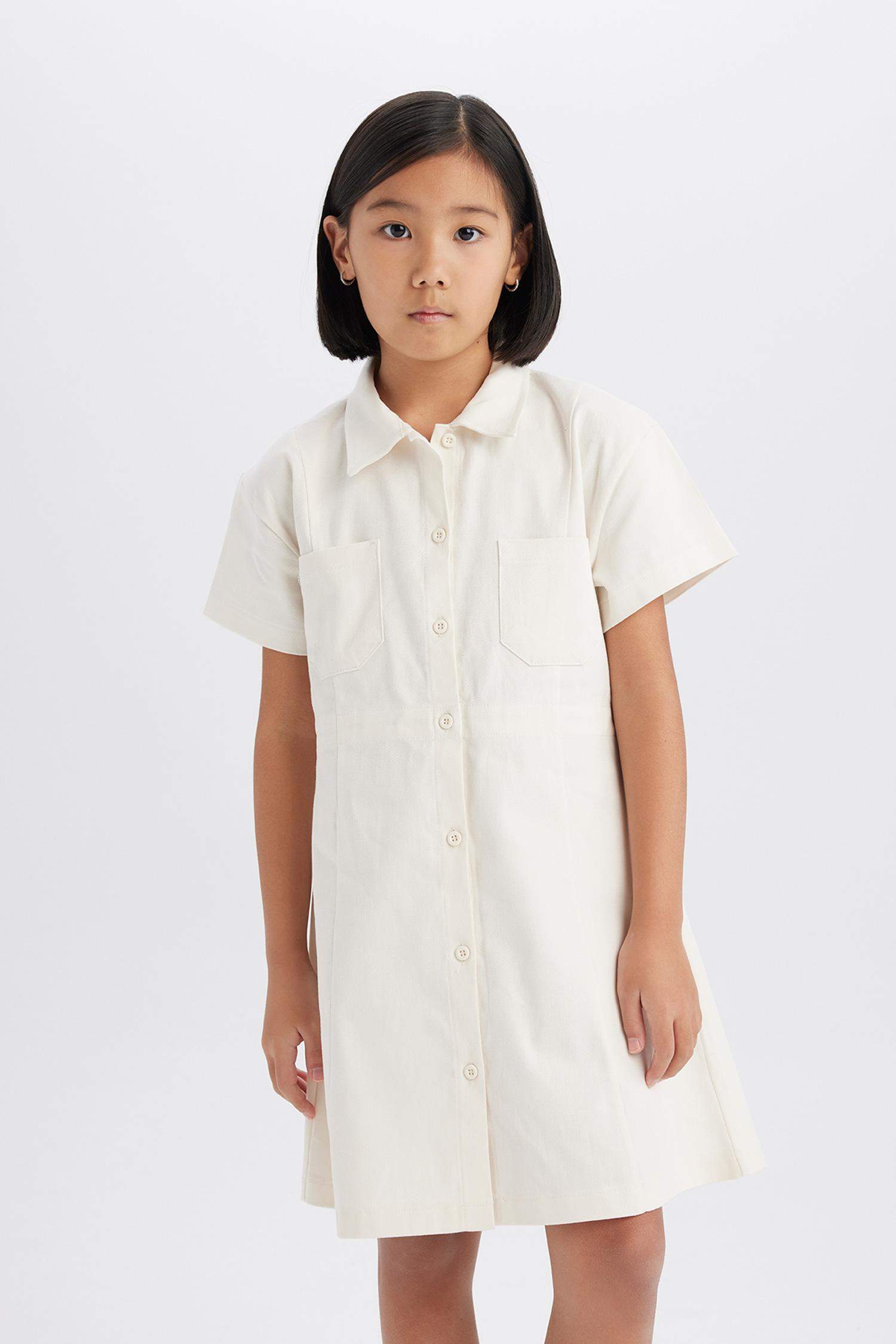 Kız Çocuk Gabardin Cepli Düğmeli Kısa Kollu Yazlık Elbise
