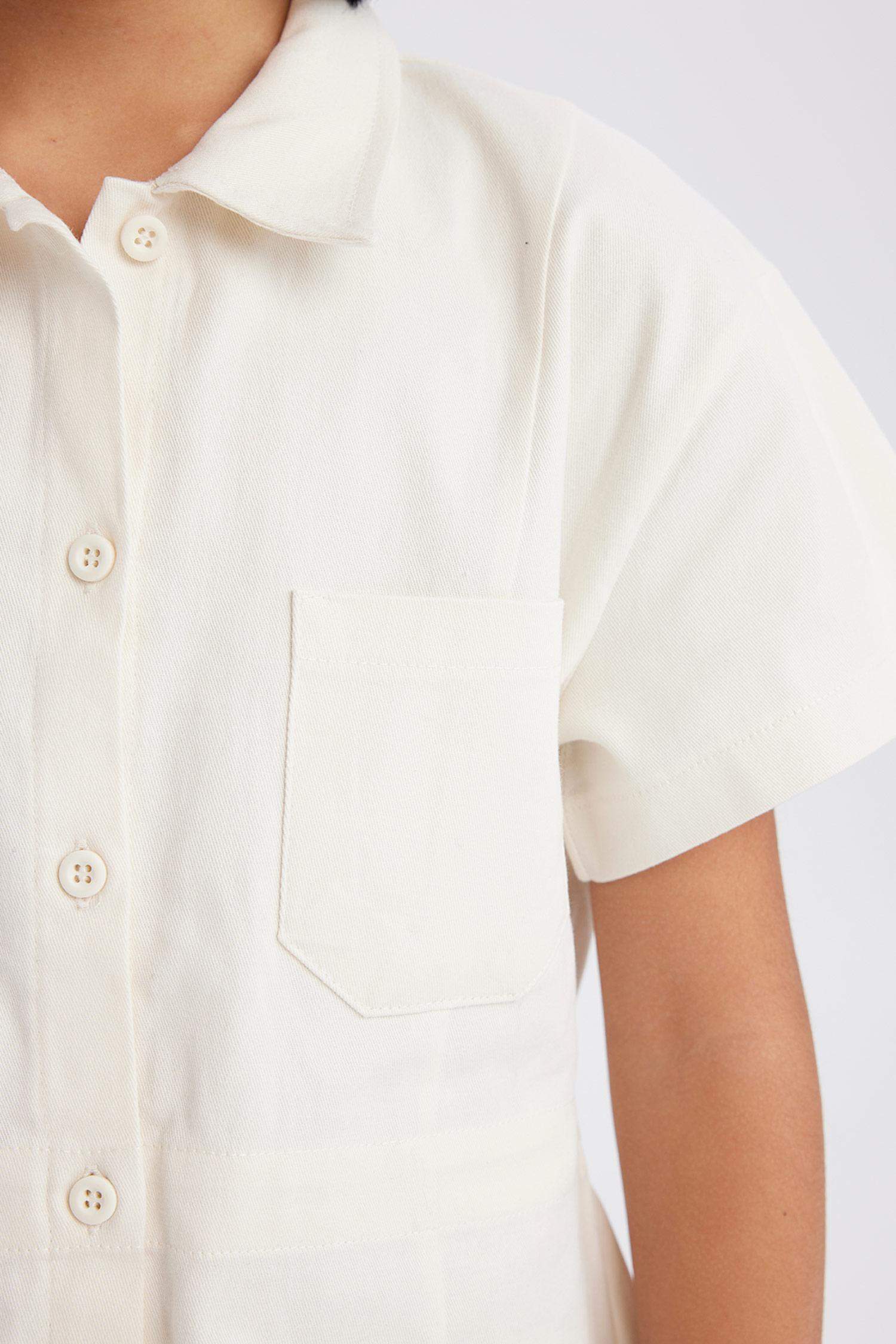 Kız Çocuk Gabardin Cepli Düğmeli Kısa Kollu Yazlık Elbise