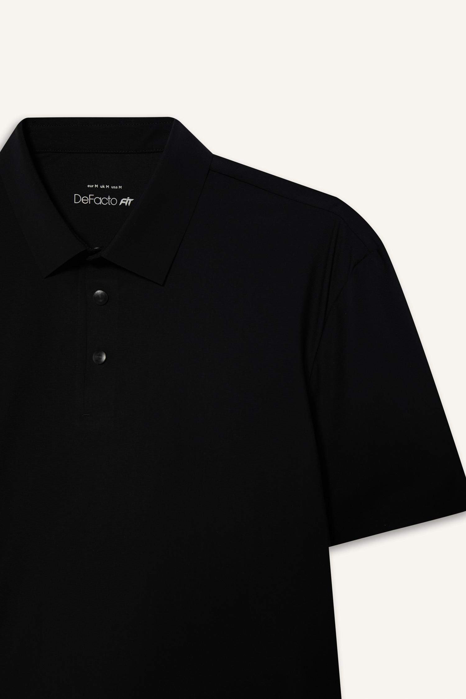 Esnek Kumaş Standart Fit Polo Yaka Sporcu Kısa Kollu Siyah Tişört